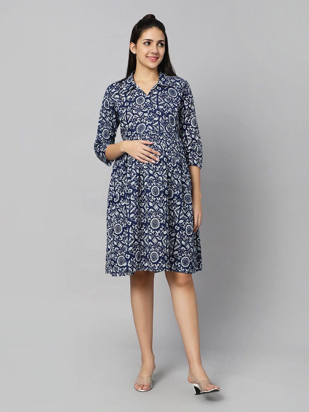 aanyor abstract printed shirt collar maternity cotton fit & flare dress