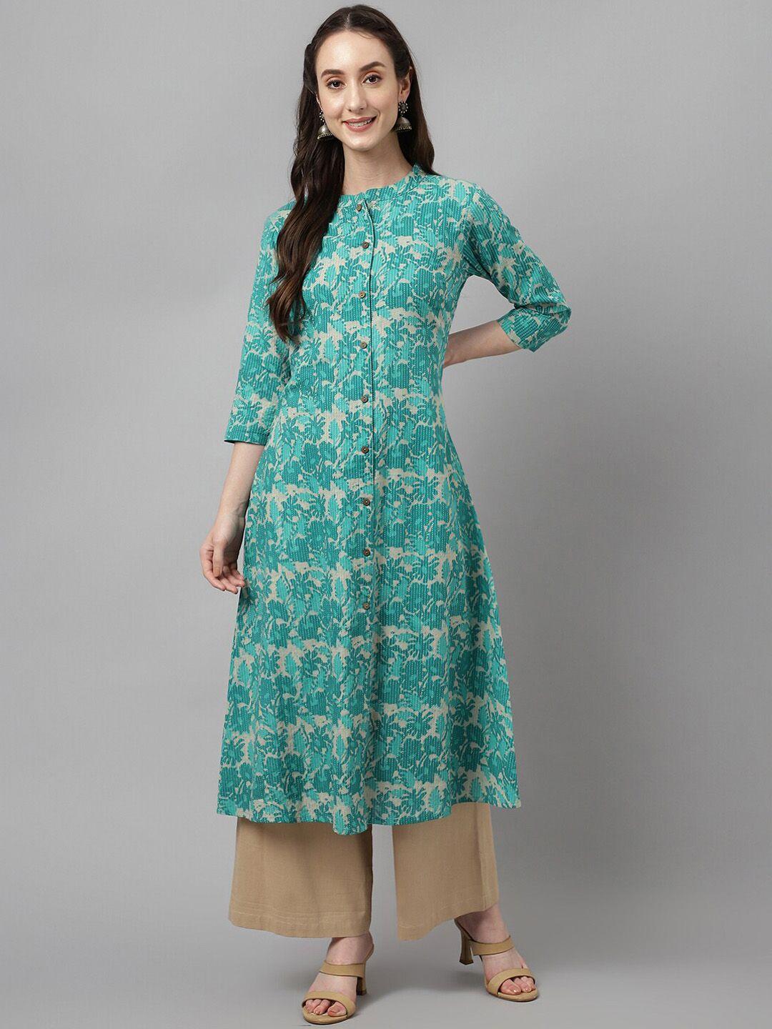 fiorra women teal printed keyhole neck thread work floral kurta