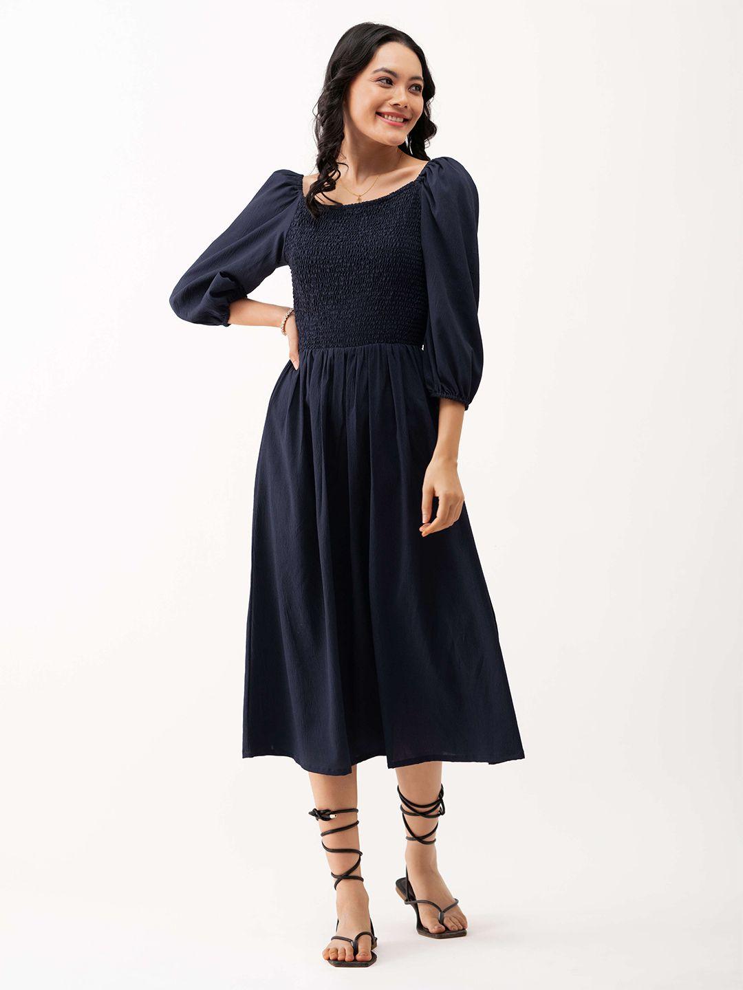 aask puff sleeve smocked crepe fit & flare midi dress