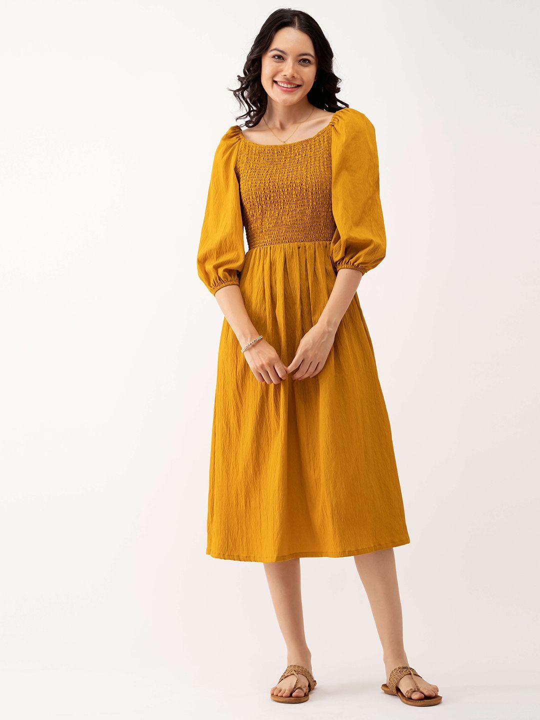 aask puff sleeves smocked detailed fit & flare midi dress