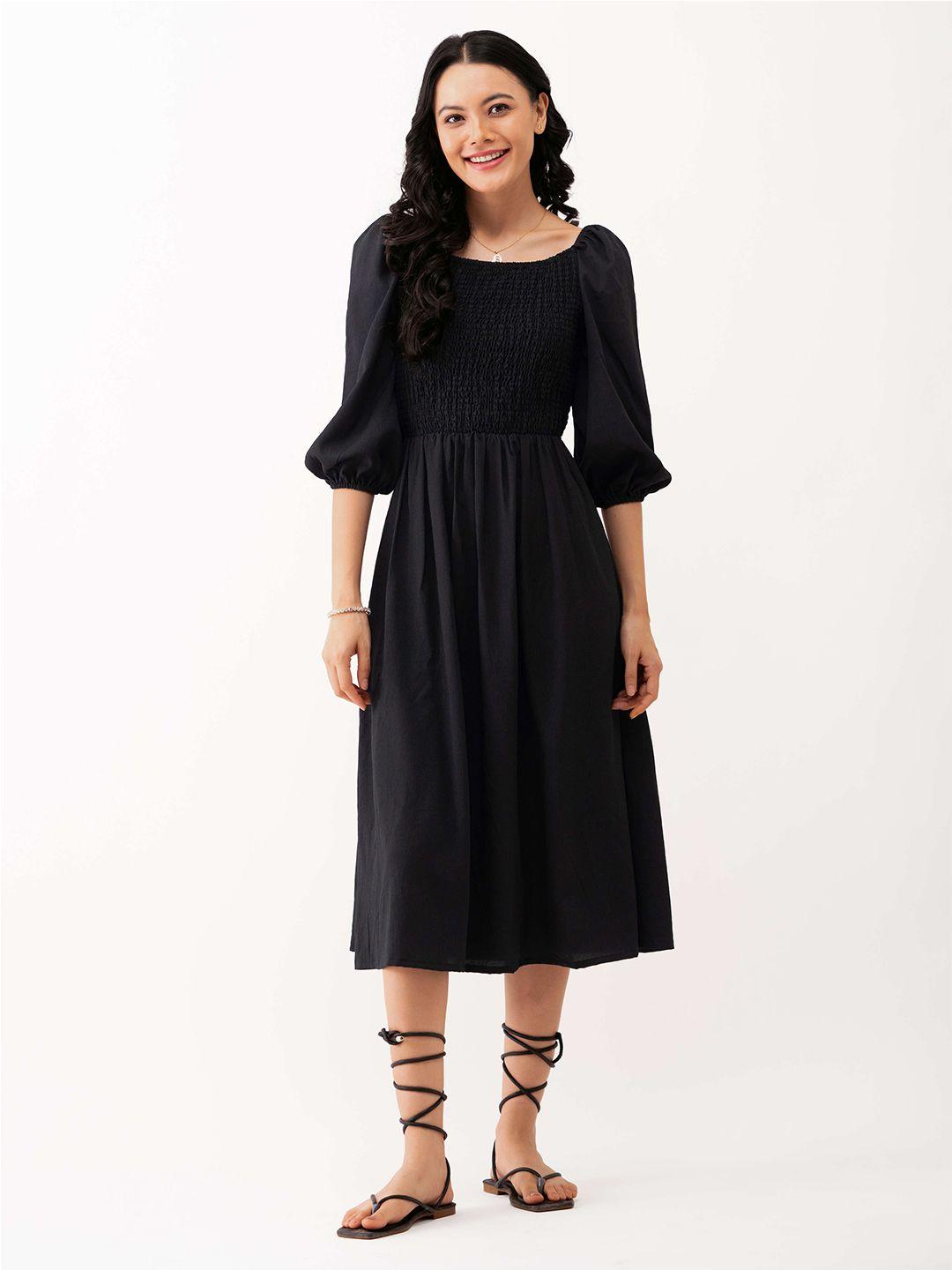 aask puff sleeve smocked crepe fit & flare midi dress