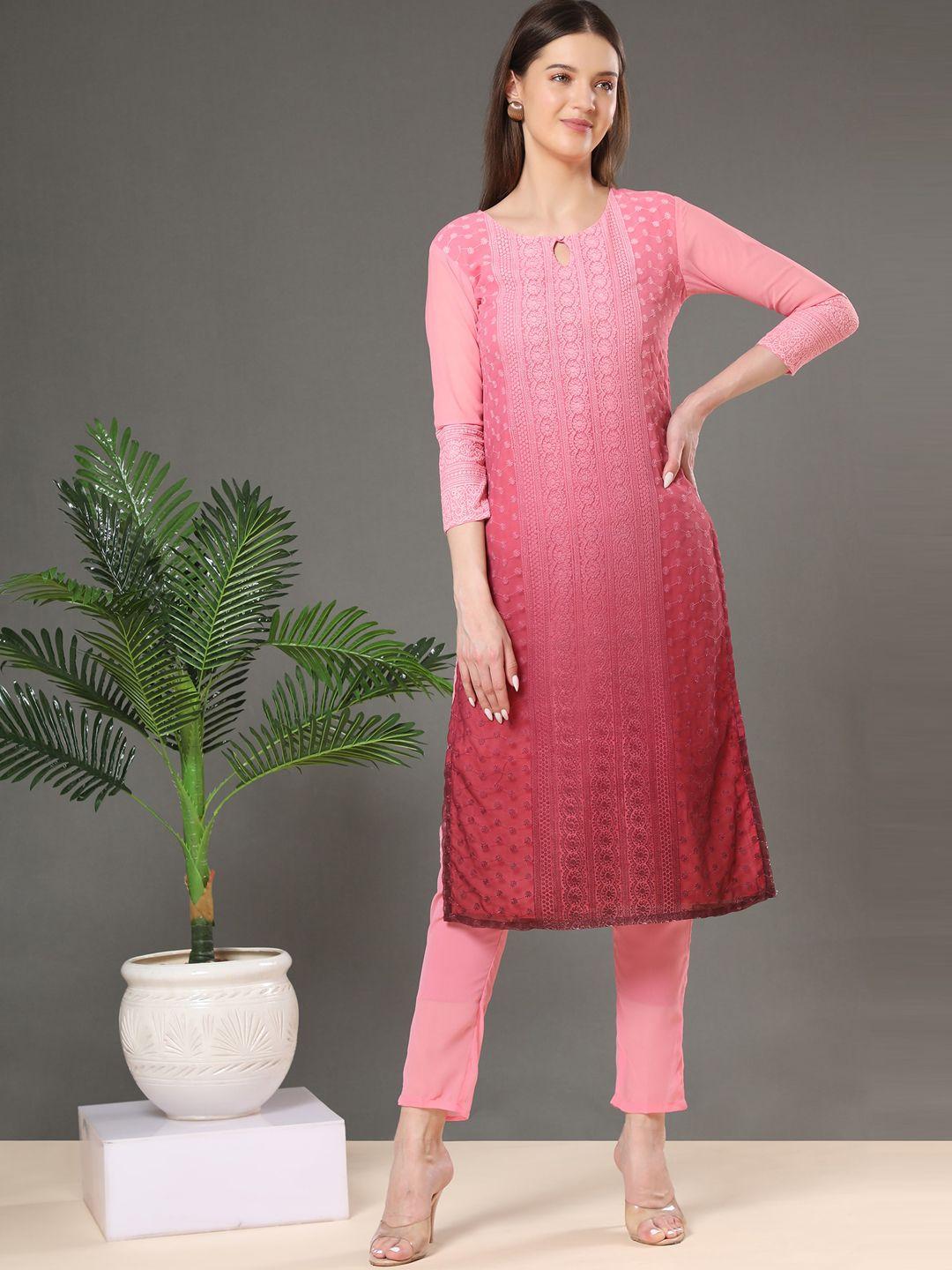 kalini ethnic motifs embroidered keyhole neck thread work georgette kurta