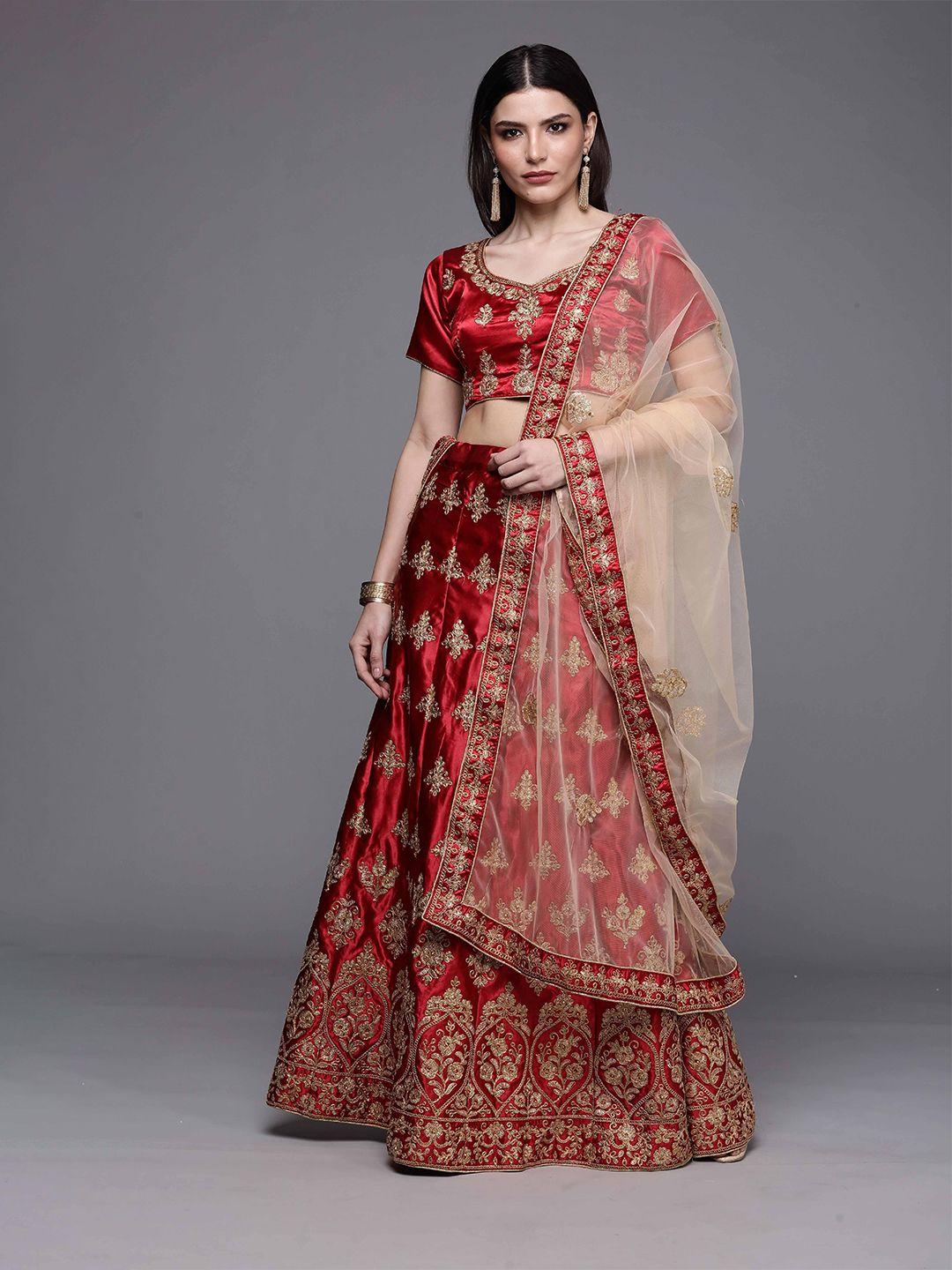 manvaa maroon & gold-toned embellished semi-stitched lehenga & unstitched blouse with dupatta