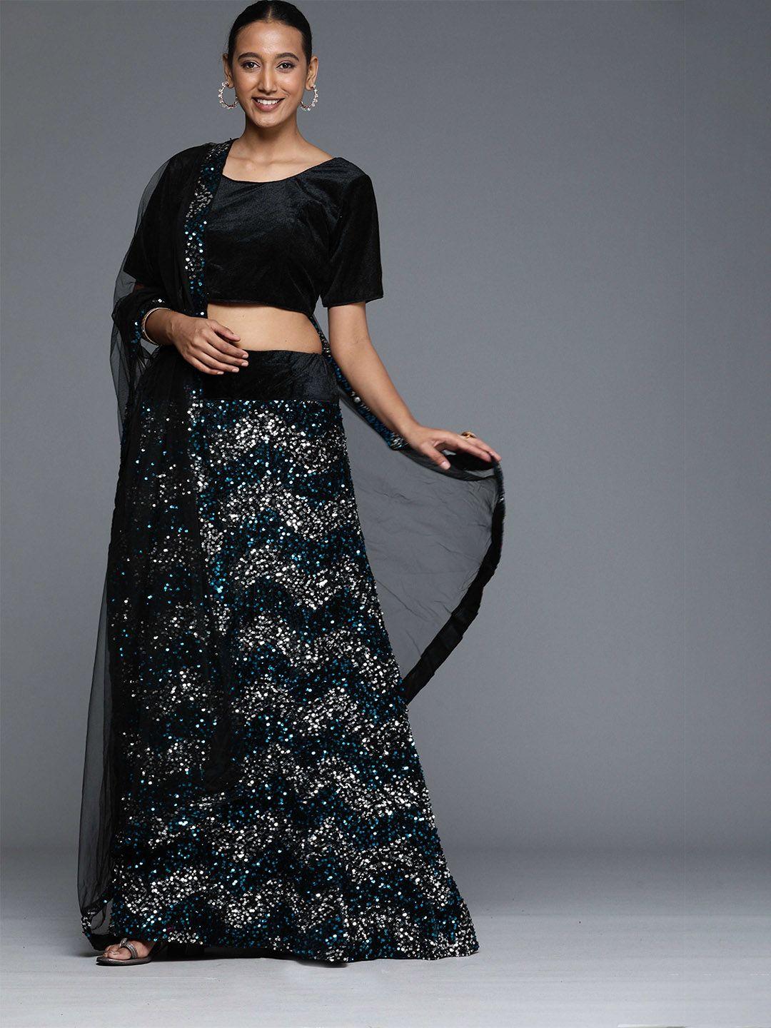 manvaa silver-toned & blue sequinned semi-stitched lehenga & unstitched blouse with dupatta