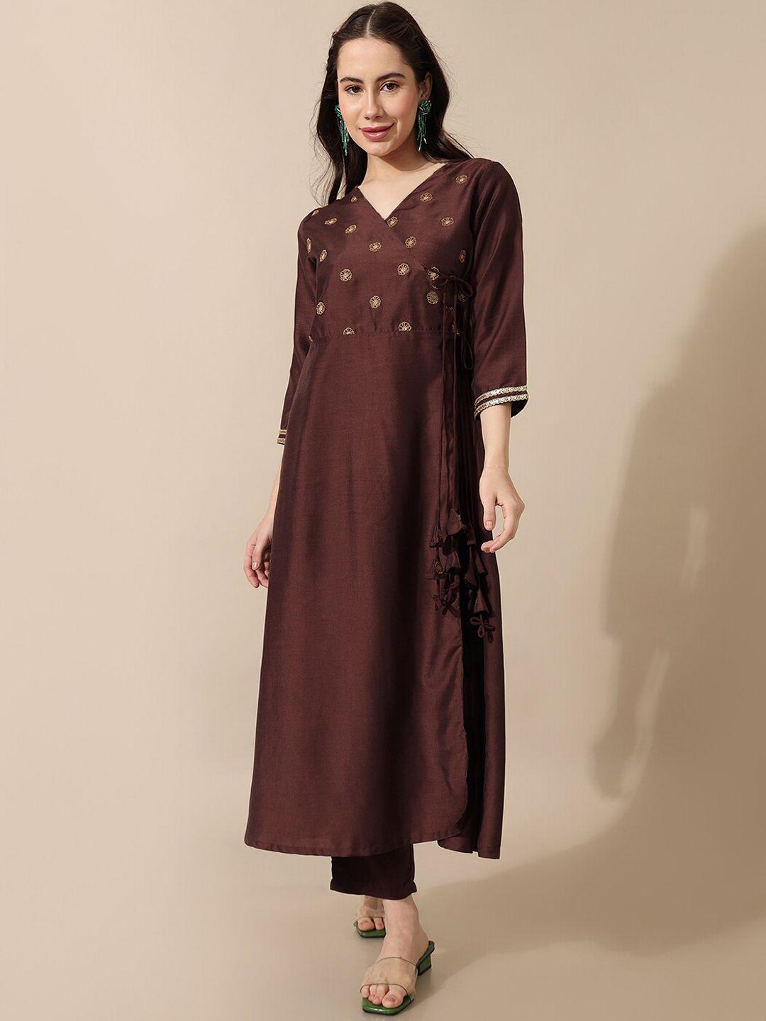 saaki women brown ethnic motifs yoke design regular kurta with trousers