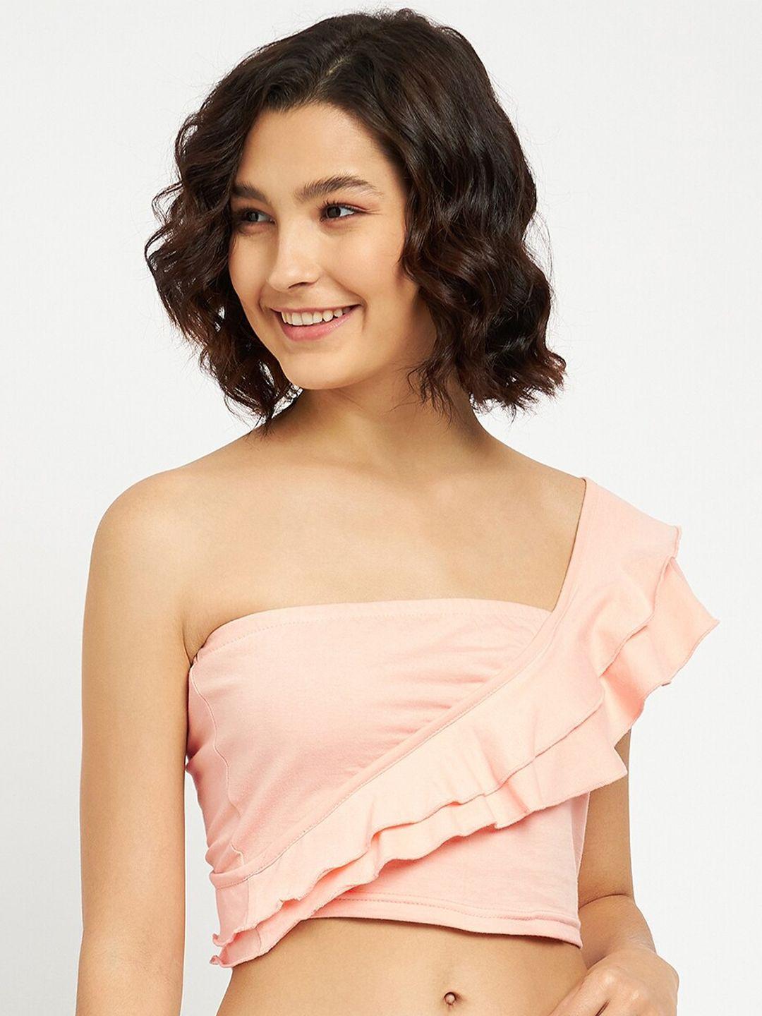 brinns peach-coloured one shoulder cotton tube crop top