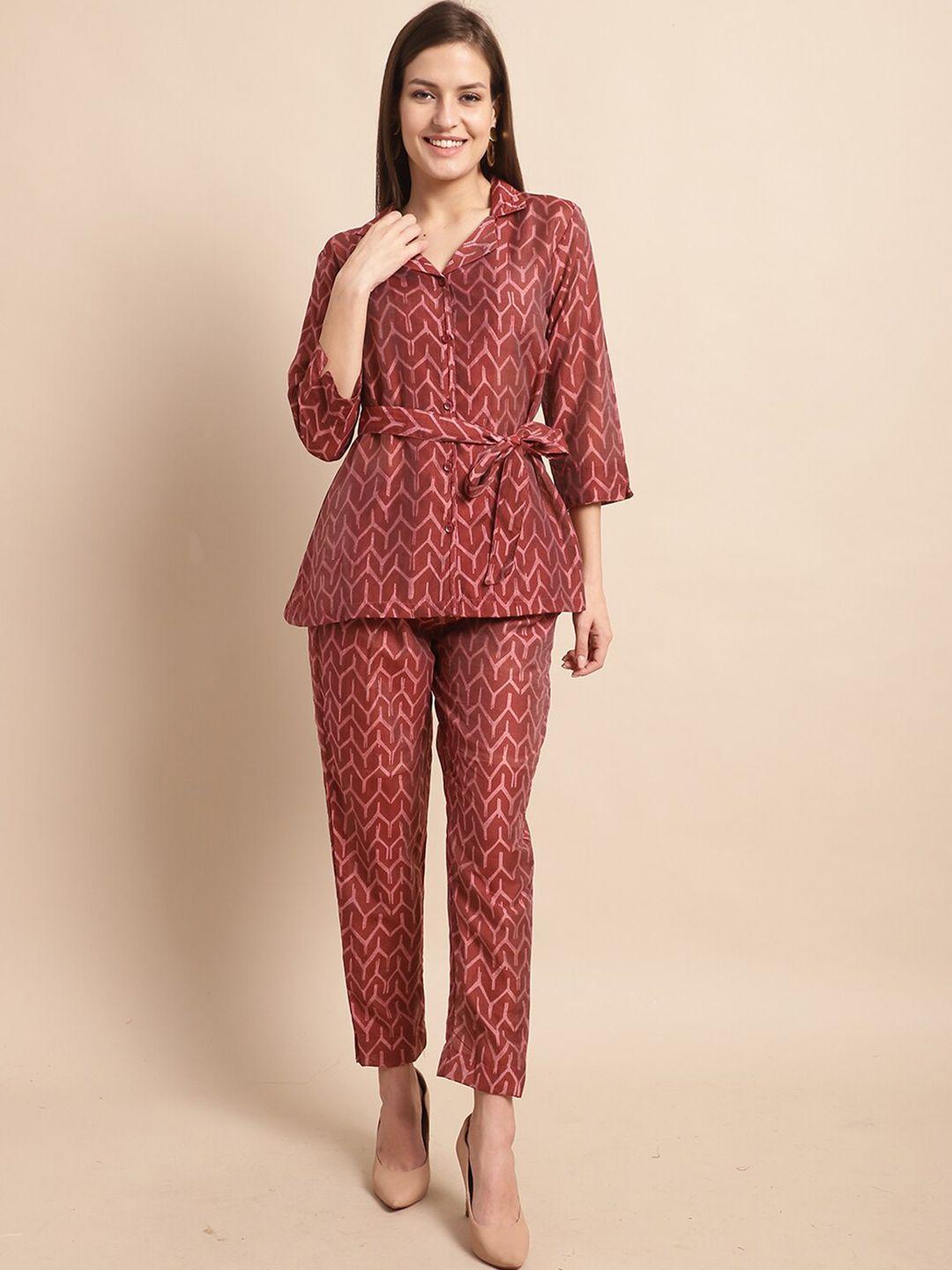 kalini geometric printed waist tie-ups pure silk shirt with trouser