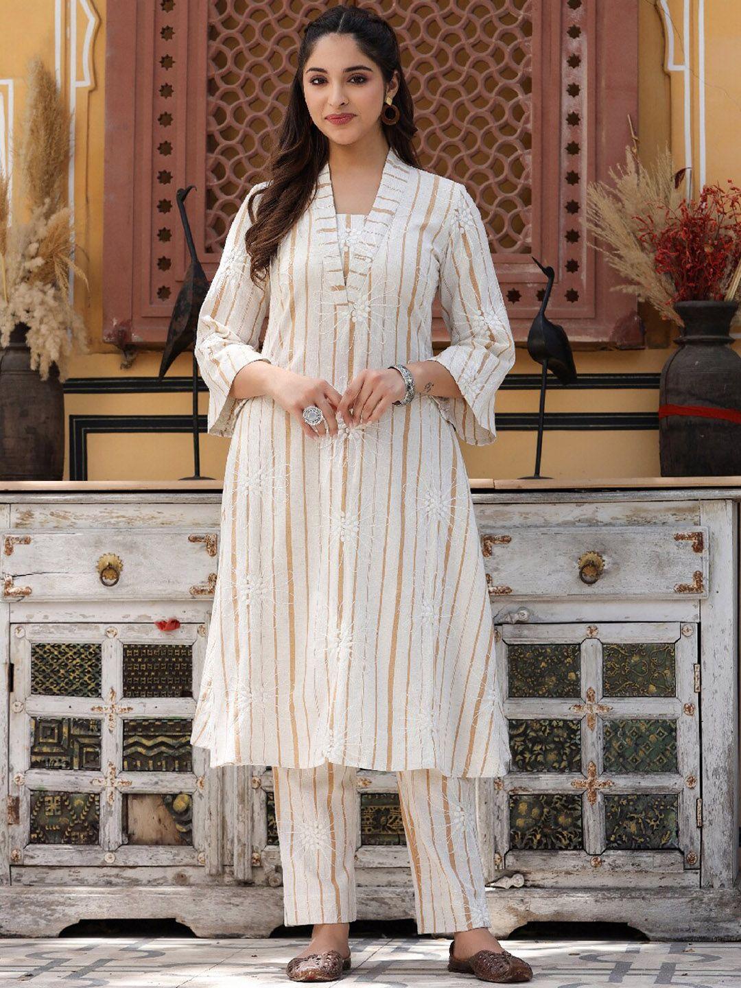 everbloom women beige floral embroidered regular kurta with trousers