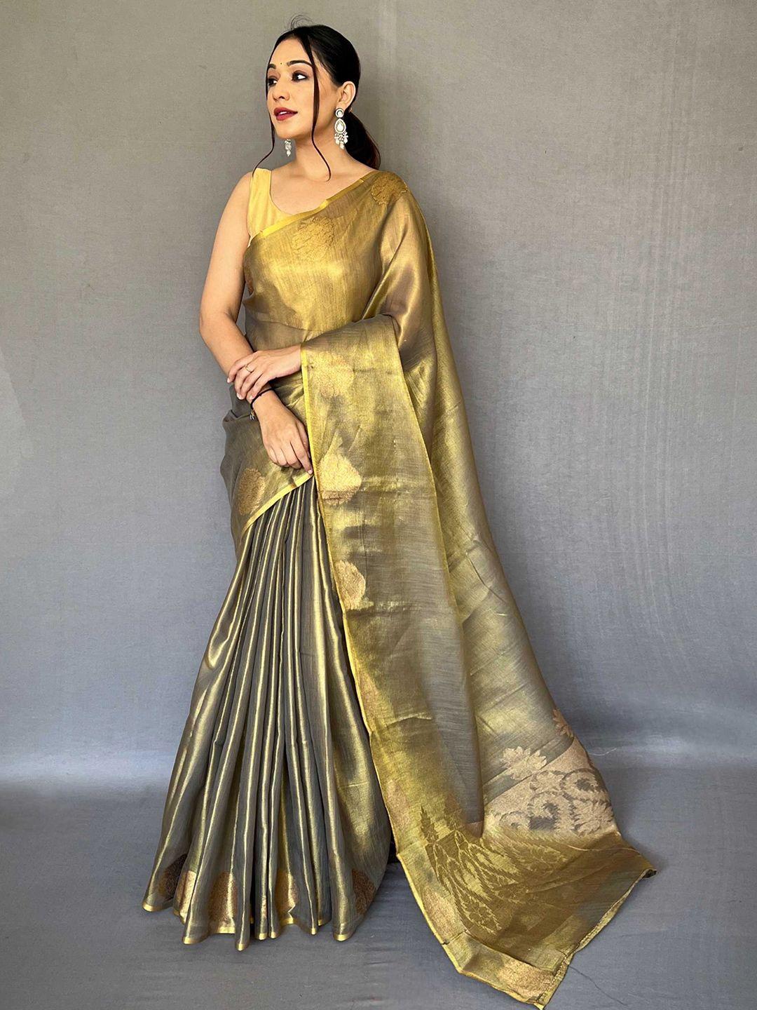 mitera gold-toned woven design zari tissue saree