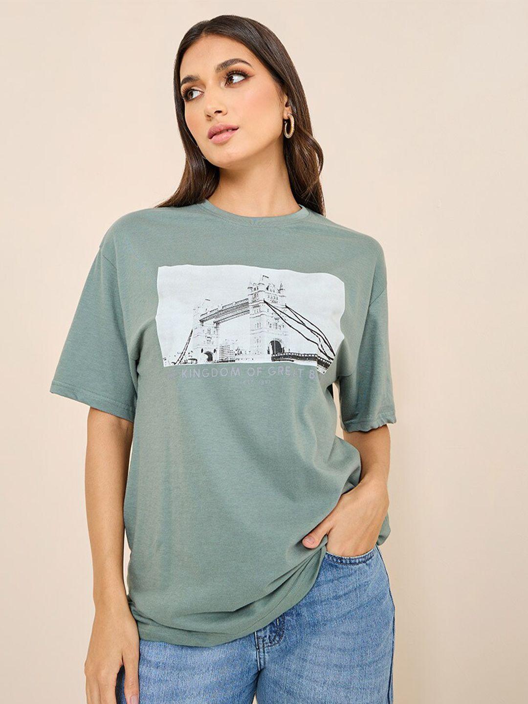 styli women green printed high neck pockets t-shirt