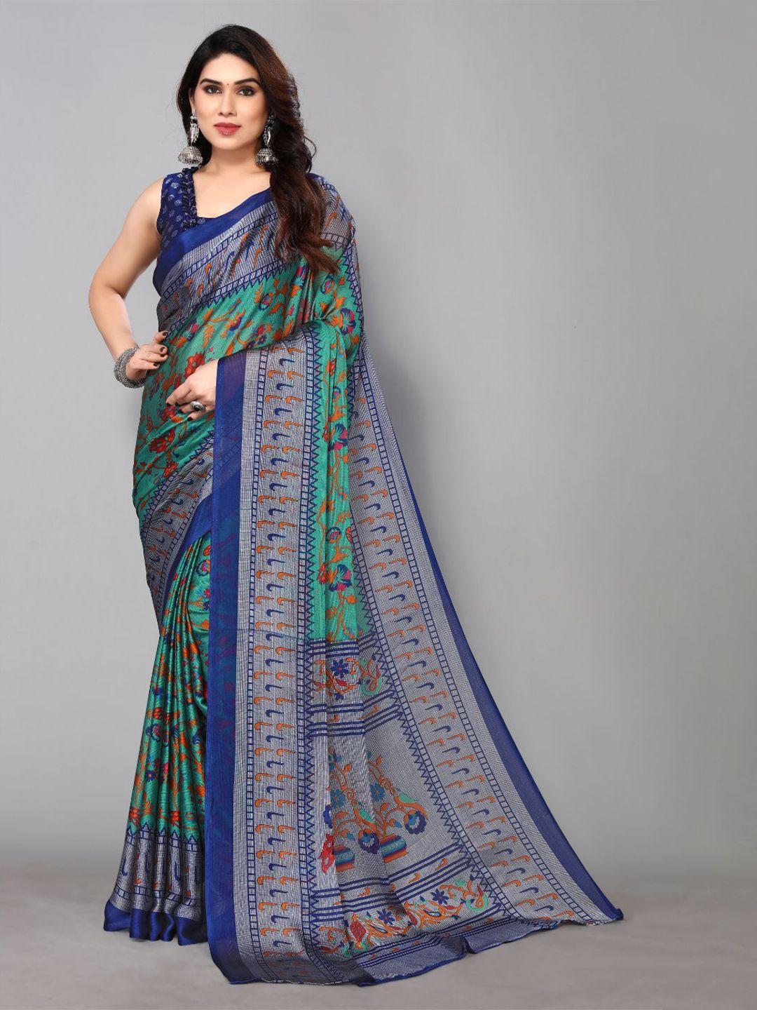 fabmora blue & green ethnic motifs poly chiffon saree