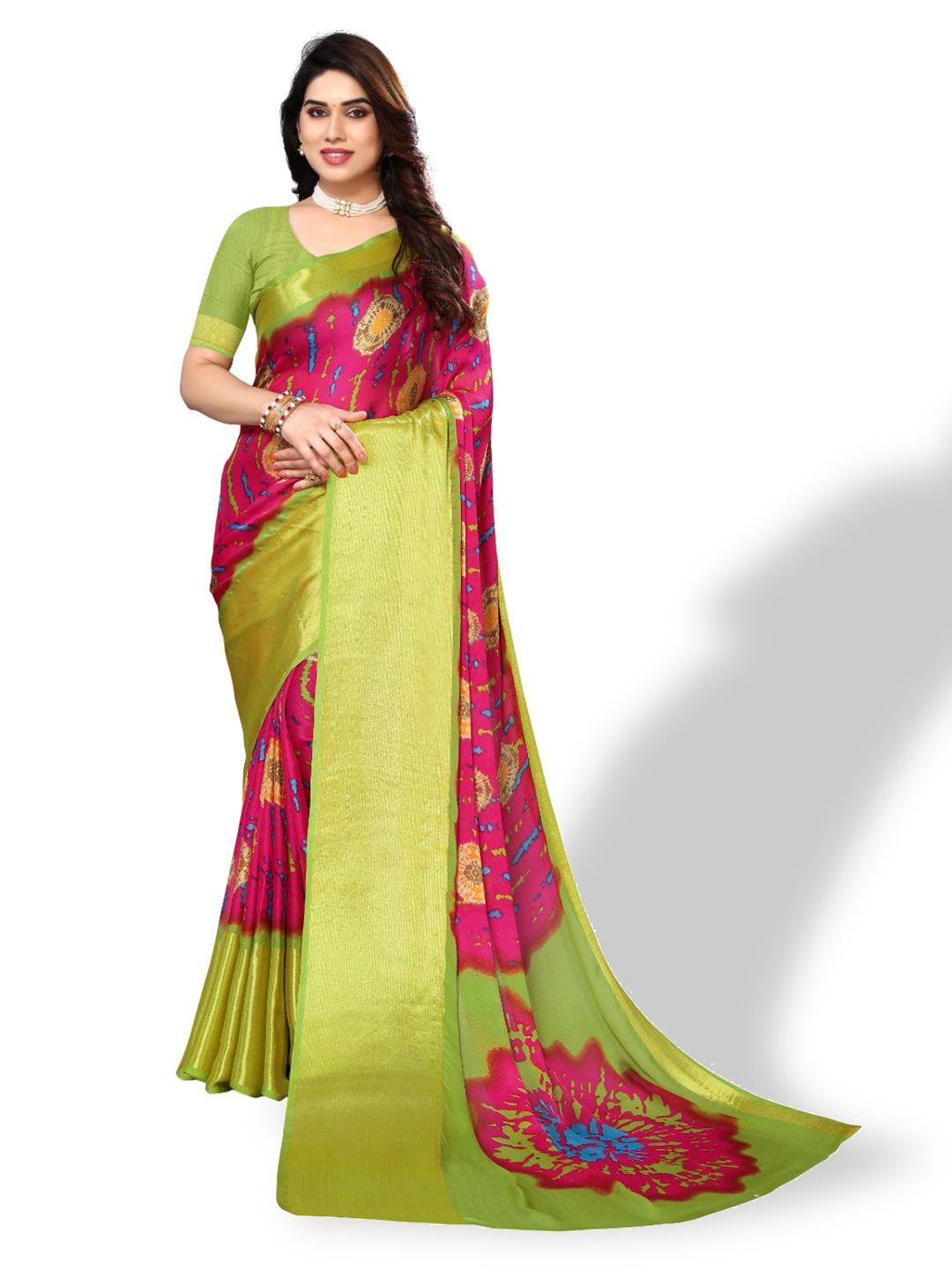 fabmora pink & green zari pure chiffon saree