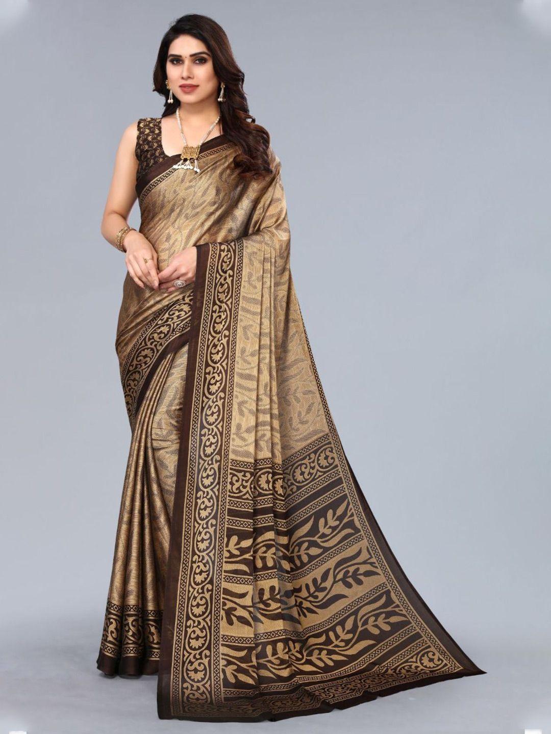 fabmora brown & beige floral poly chiffon saree