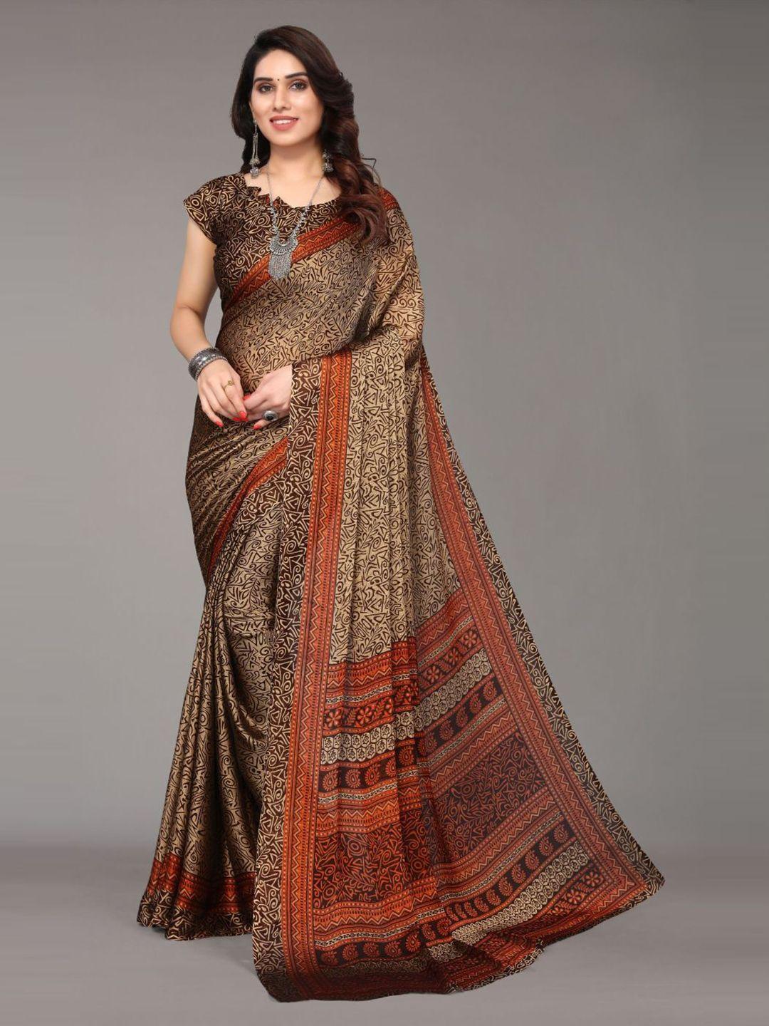 fabmora brown & black poly chiffon saree