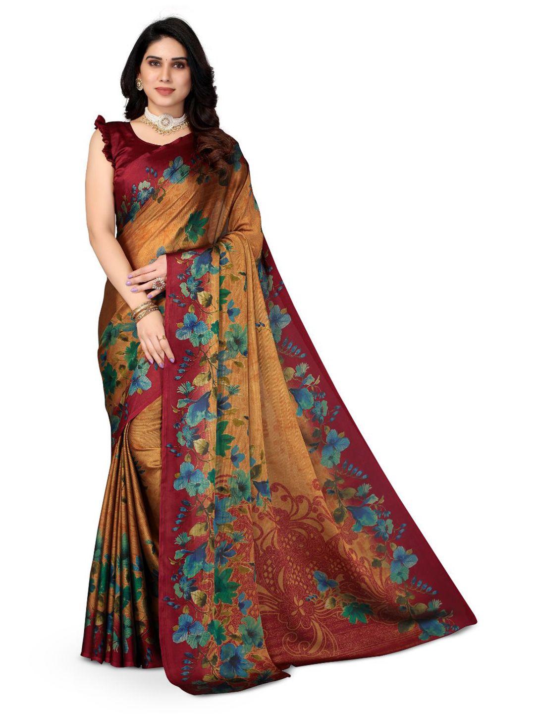 fabmora maroon & mustard floral poly chiffon saree