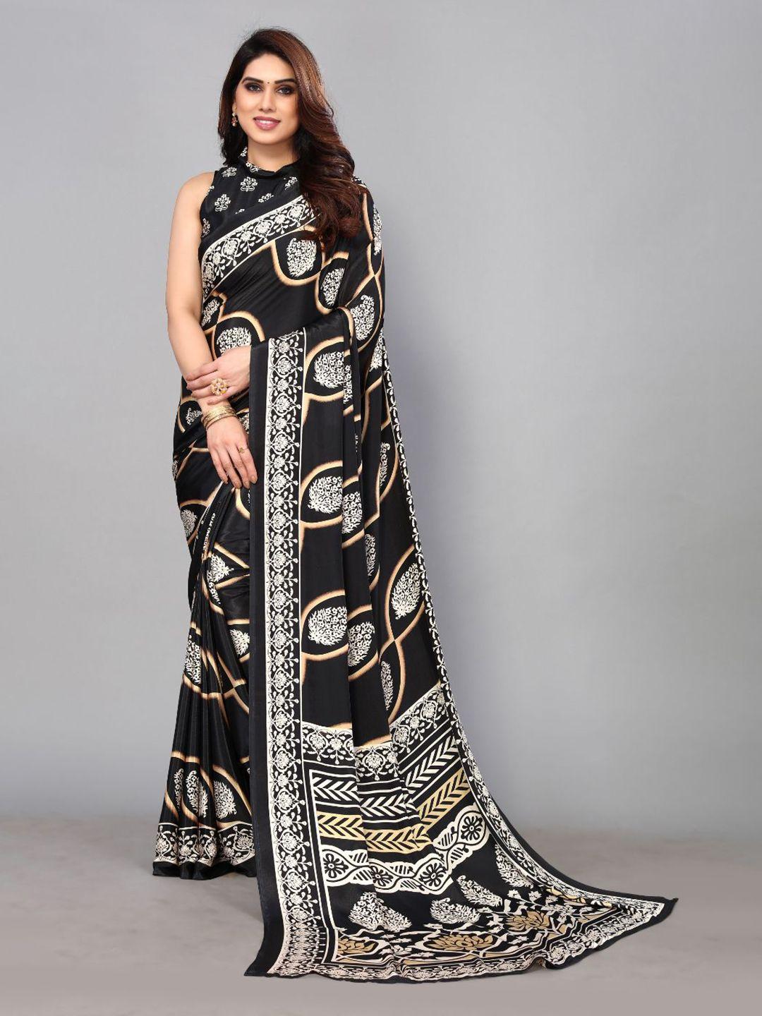 fabmora black & white floral pure crepe saree