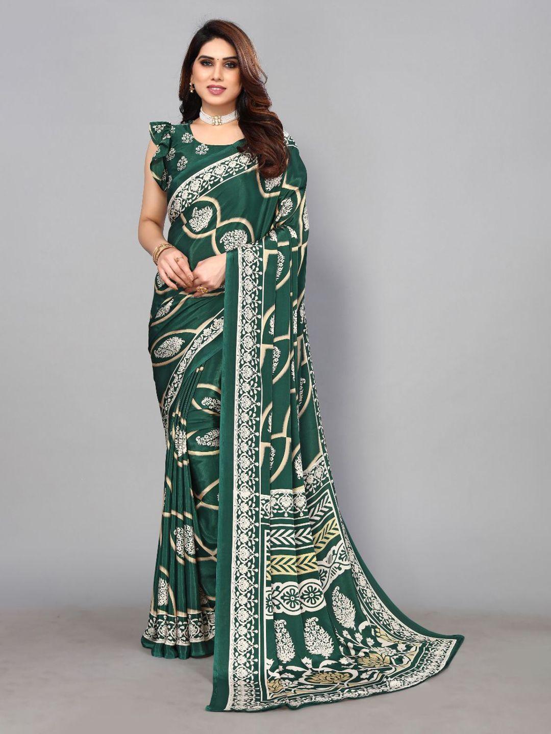 fabmora green & white floral pure crepe saree