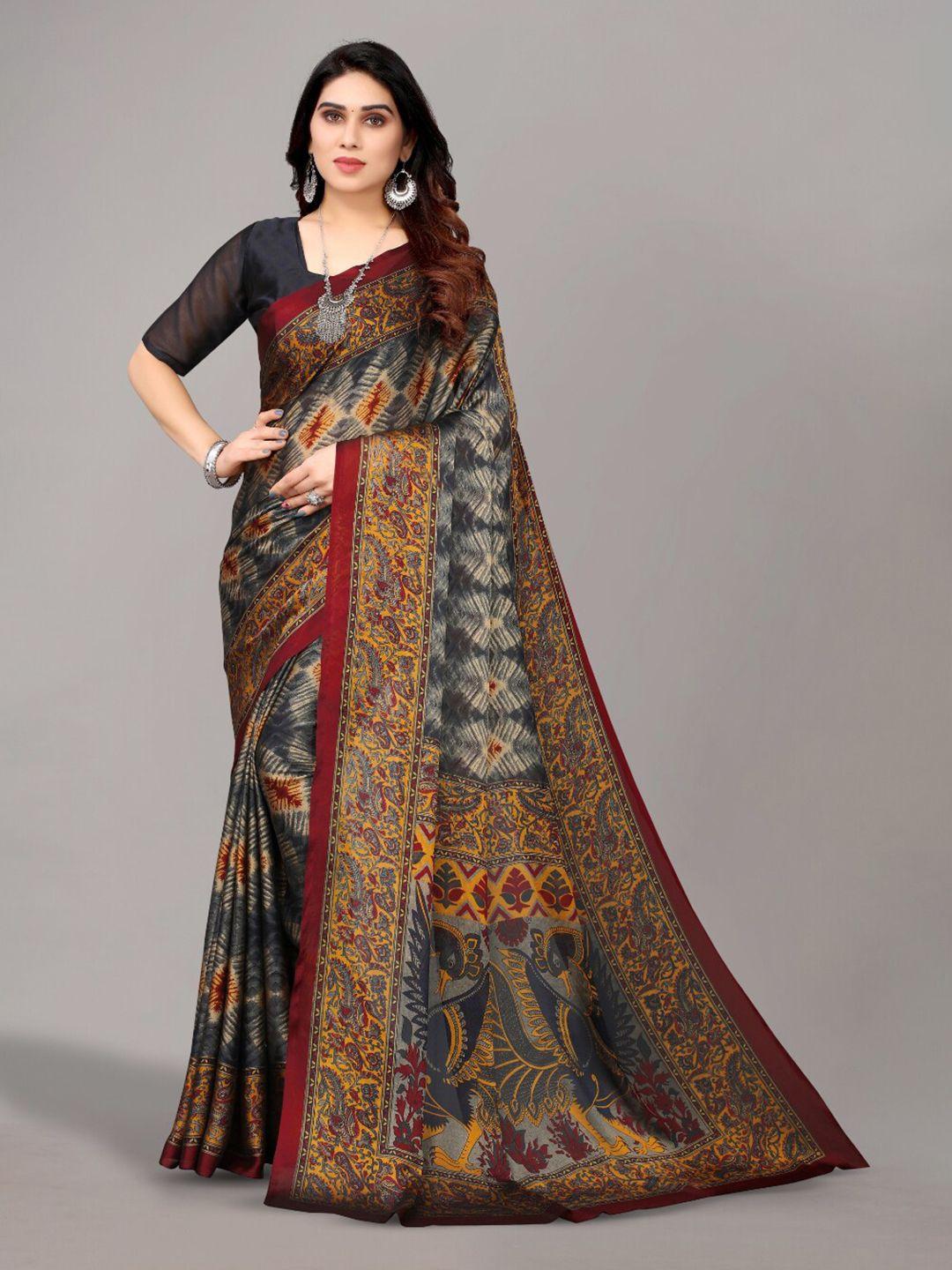 fabmora grey & yellow bandhani poly chiffon saree