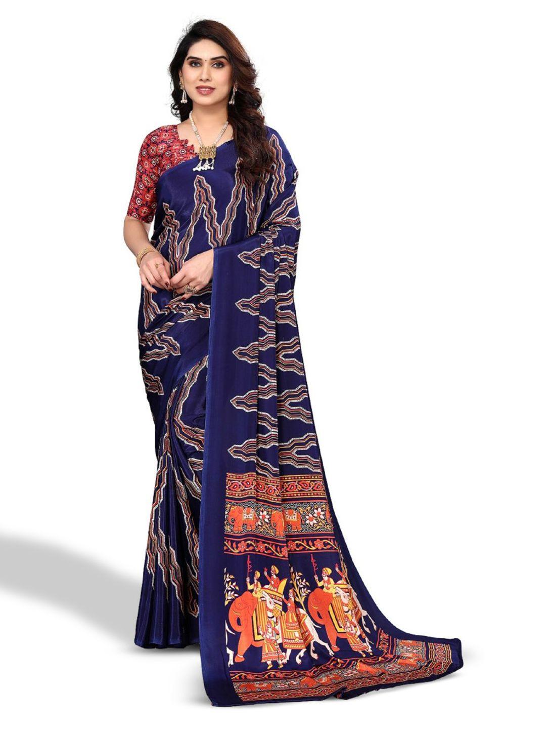 fabmora blue & orange pure crepe saree