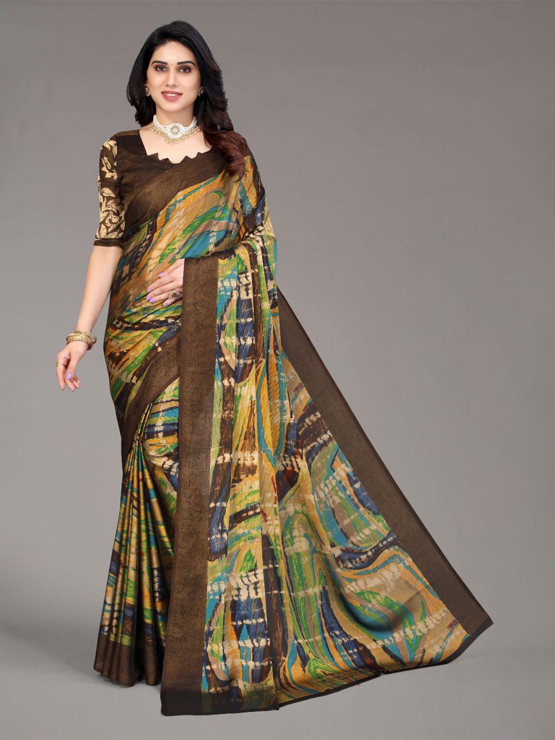 fabmora coffee brown & blue poly chiffon saree