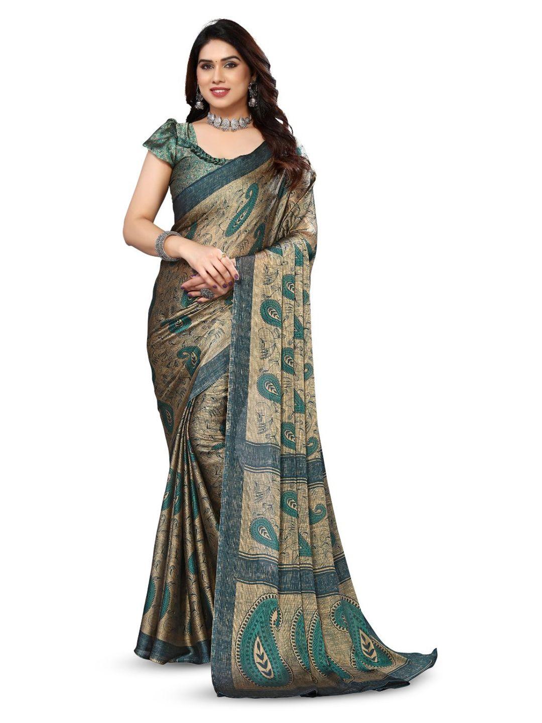 fabmora green & beige paisley poly chiffon saree