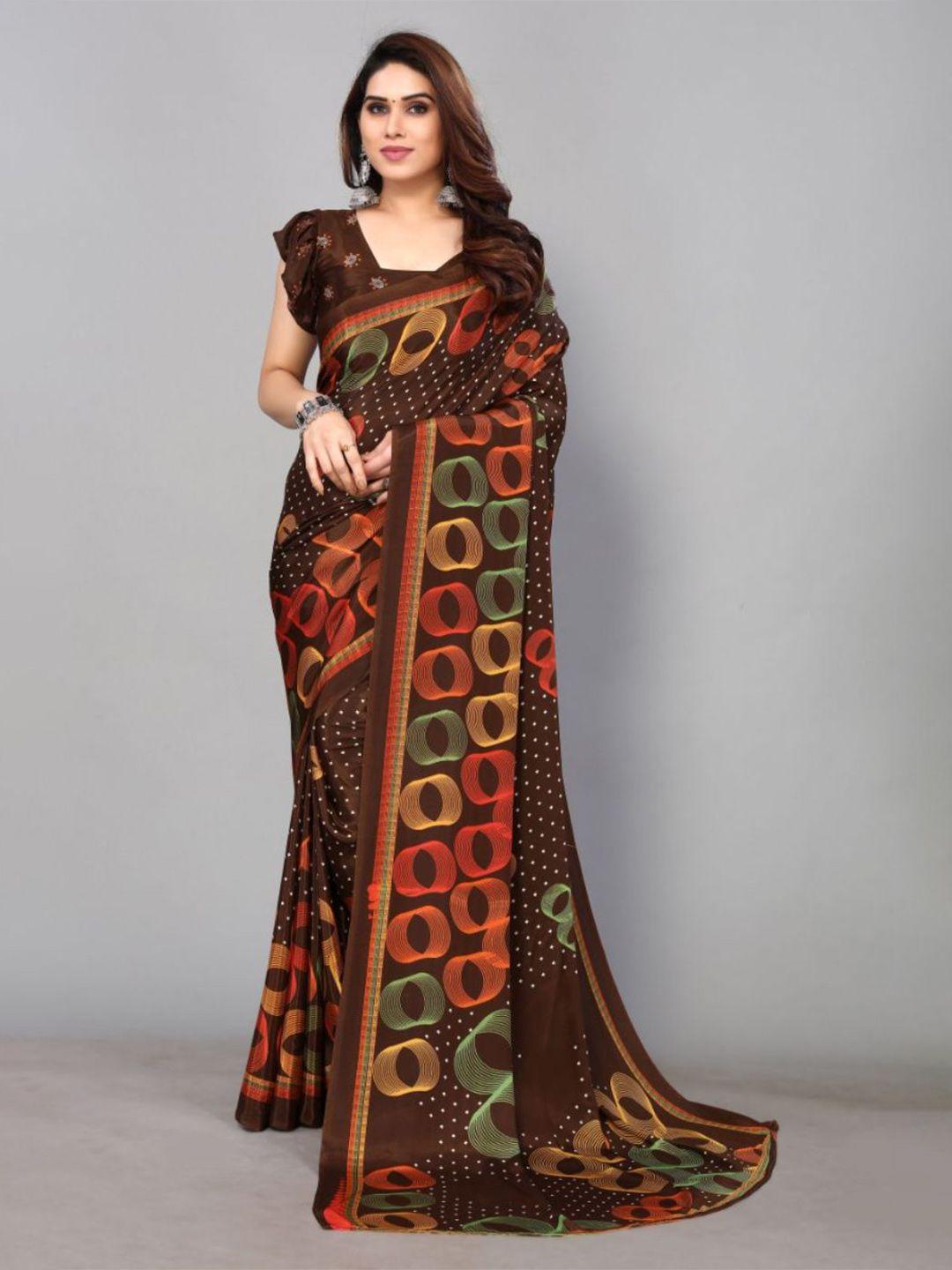 fabmora coffee brown & red pure crepe saree