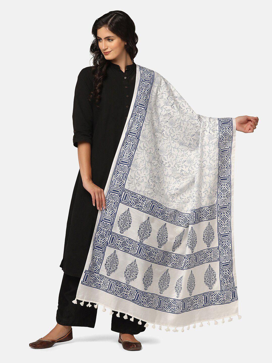 the weave traveller white & blue ethnic motifs printed khari print dupatta