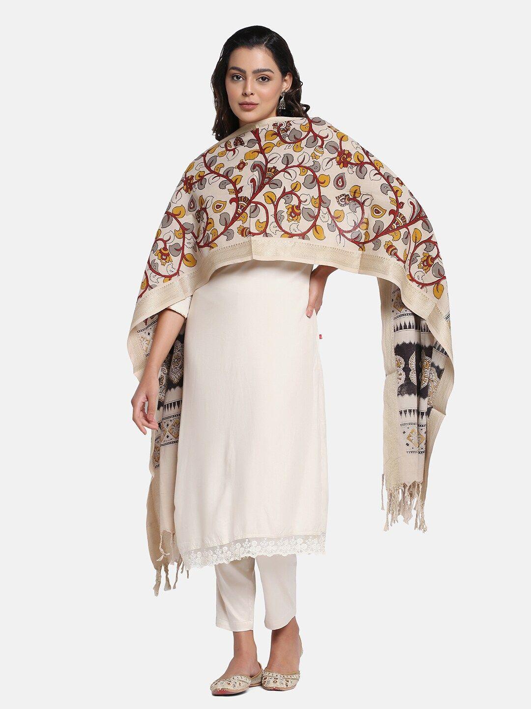 the weave traveller beige & black ethnic motifs printed kalamkari dupatta