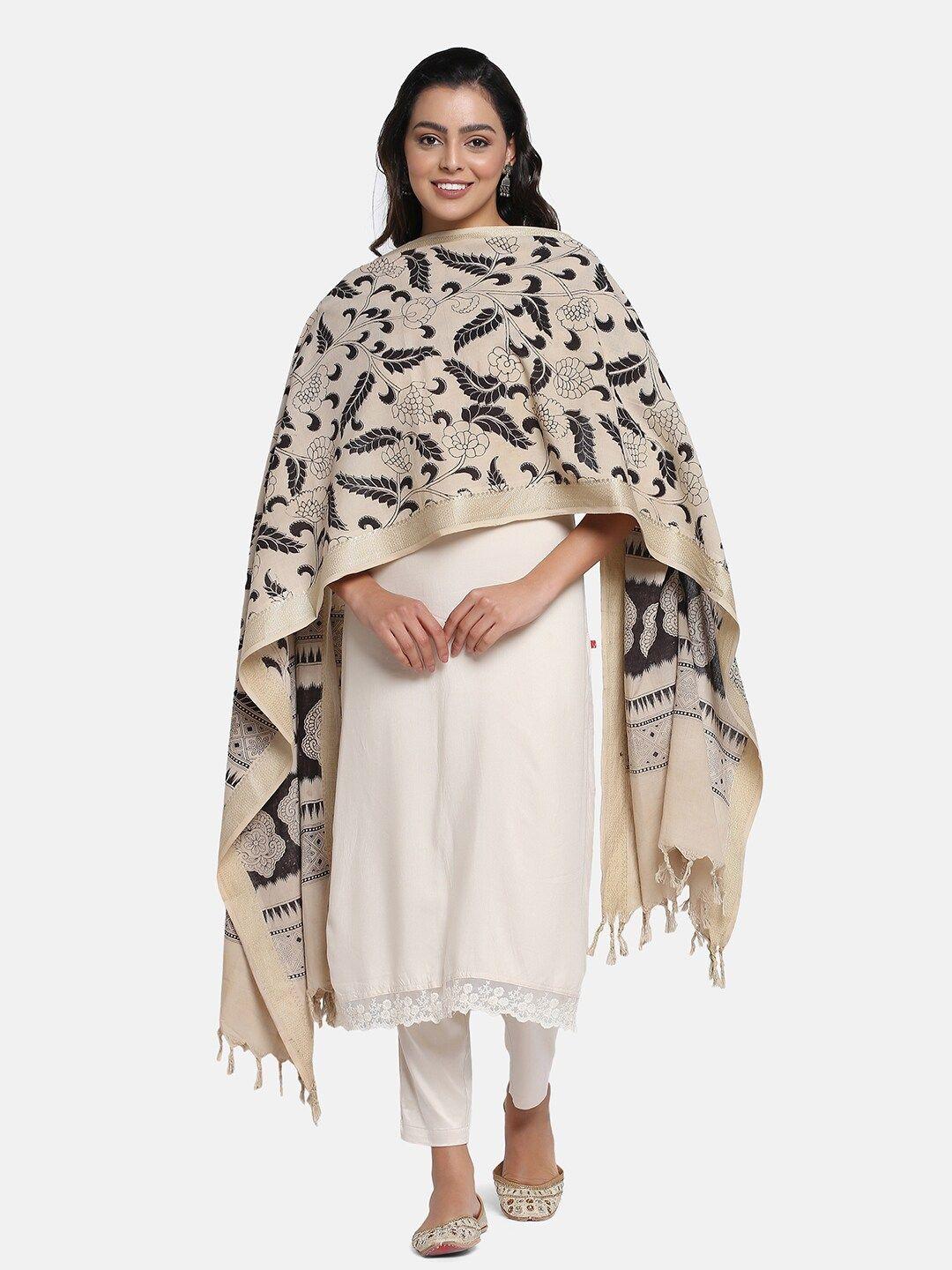 the weave traveller beige & black ethnic motifs printed kalamkari dupatta