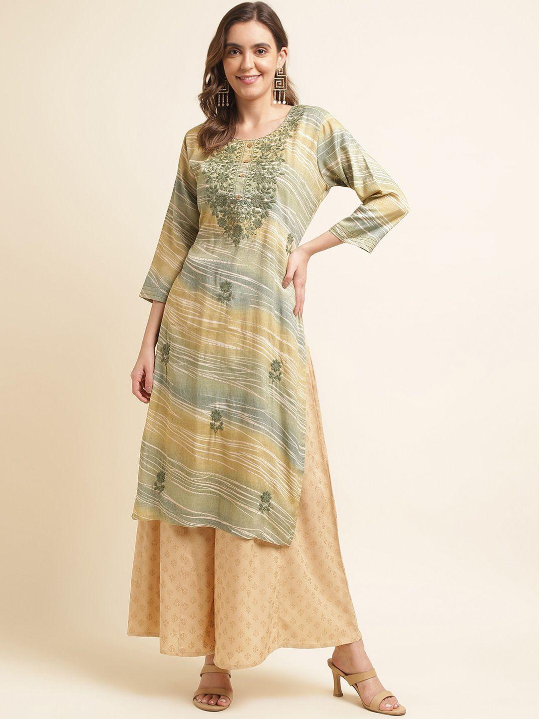 ishin women green printed keyhole neck flared sleeves sequinned kurta