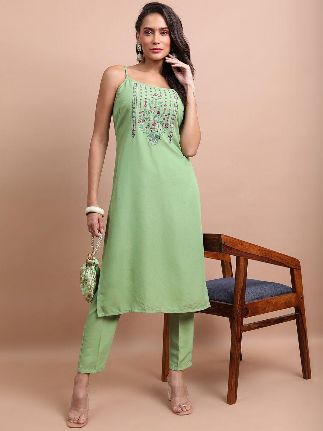 ketch floral embroidered shoulder straps thread work kurta with trousers