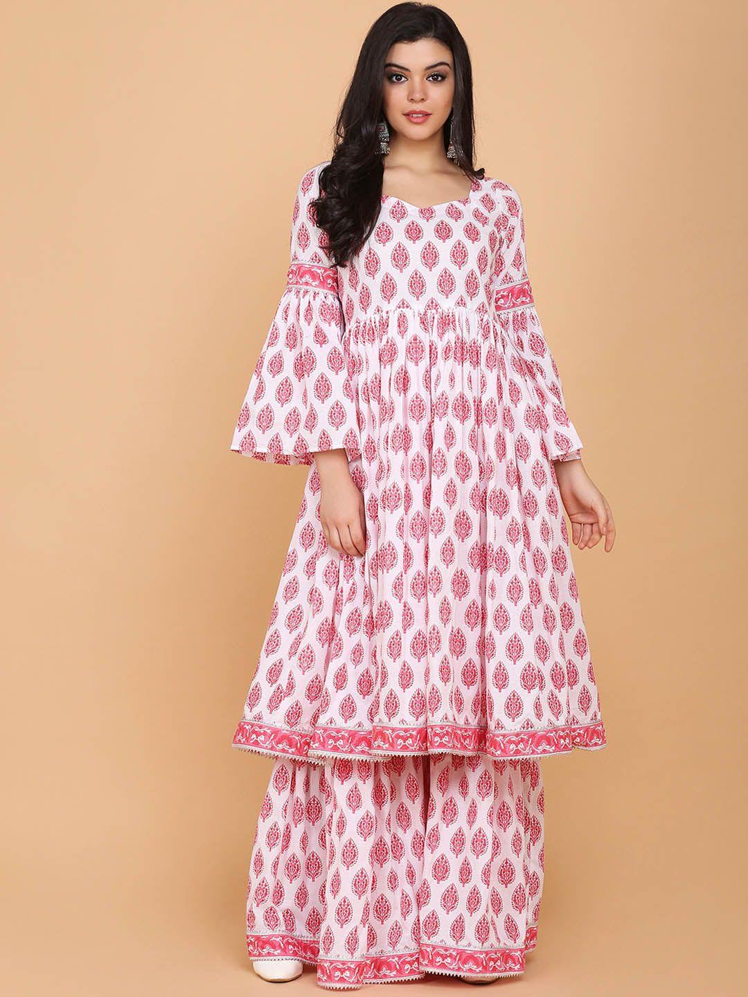 kalini women white ethnic motifs printed empire pure cotton kurta with palazzos