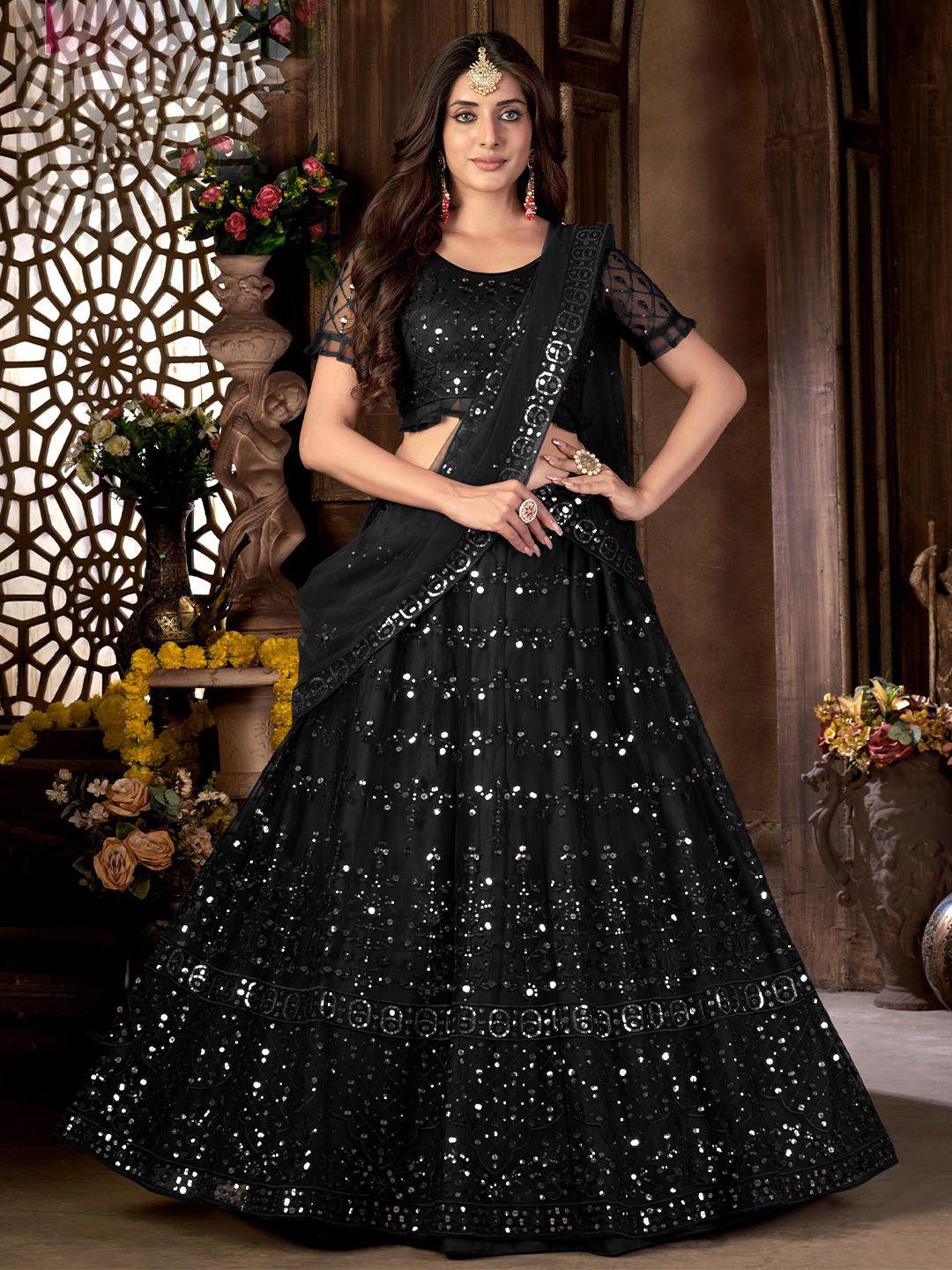 all about you black & silver-toned embroidered thread work semi-stitched lehenga & unstitched blouse with