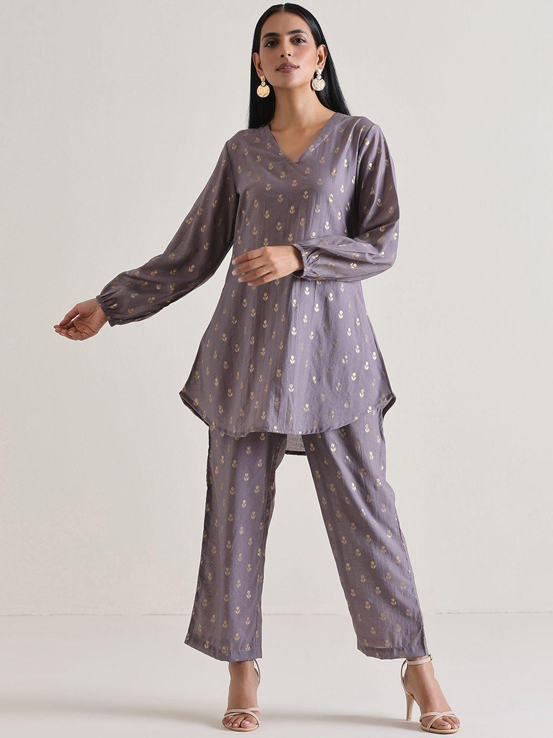 truebrowns printed v-neck tunic with trousers co-ords