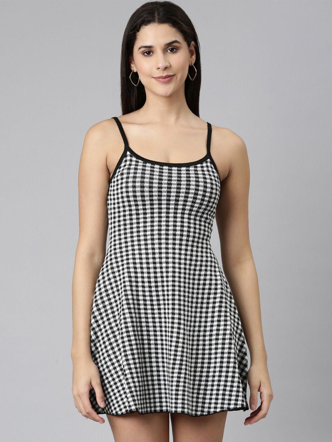 showoff monochrome checked cotton casual a-line dress