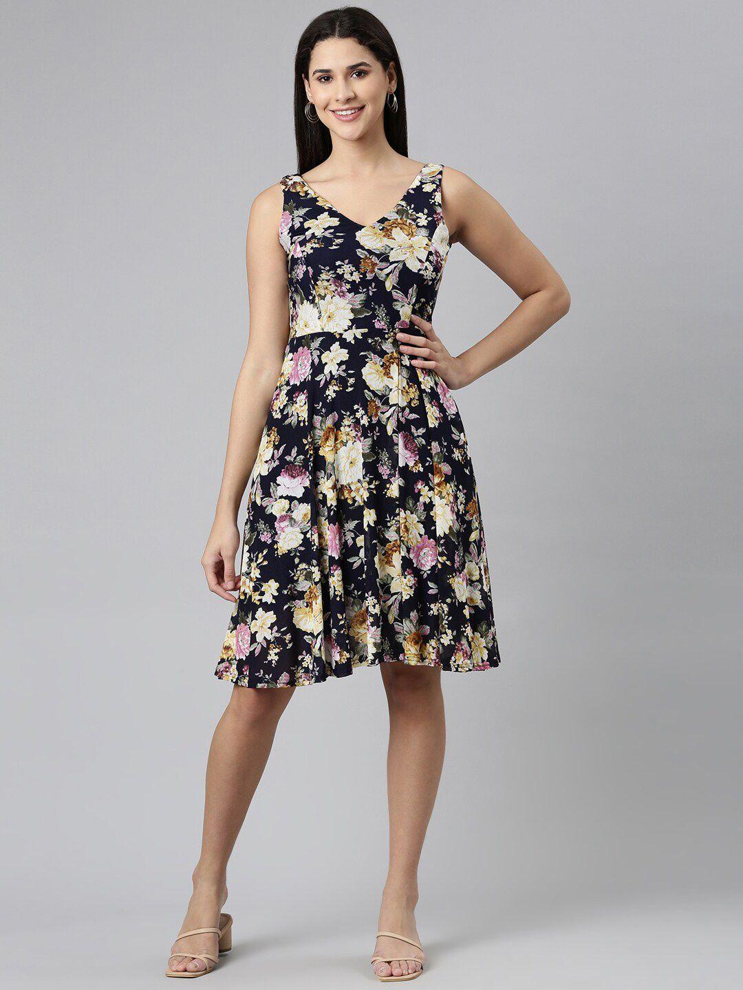 showoff floral printed smocked velvet fit & flare dress