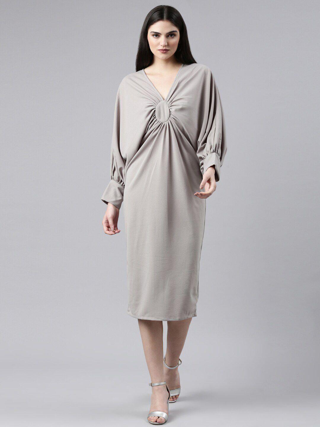 showoff cuffed sleeves gathered details sheath dress