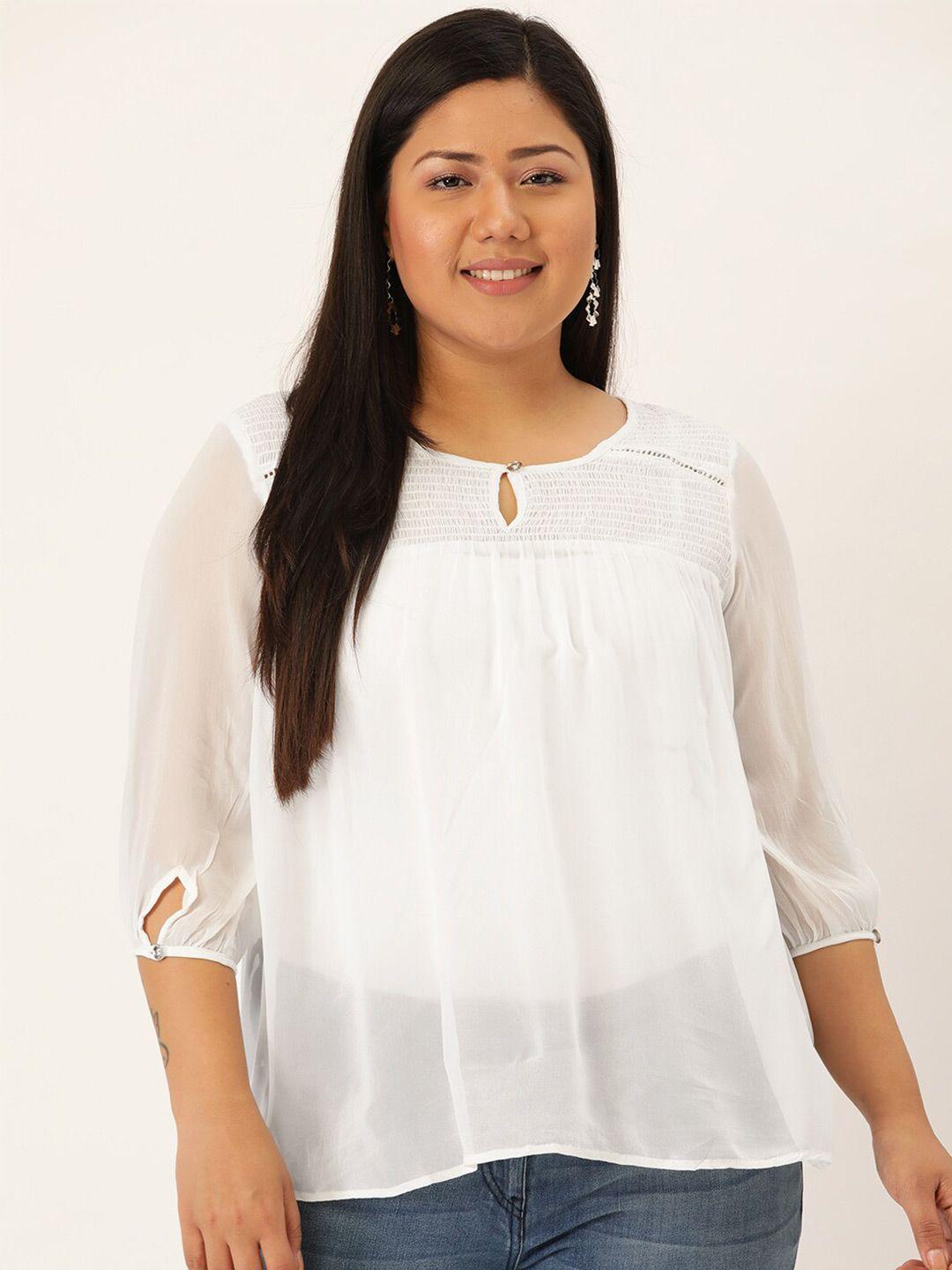 therebelinme white keyhole neck smocked georgette top