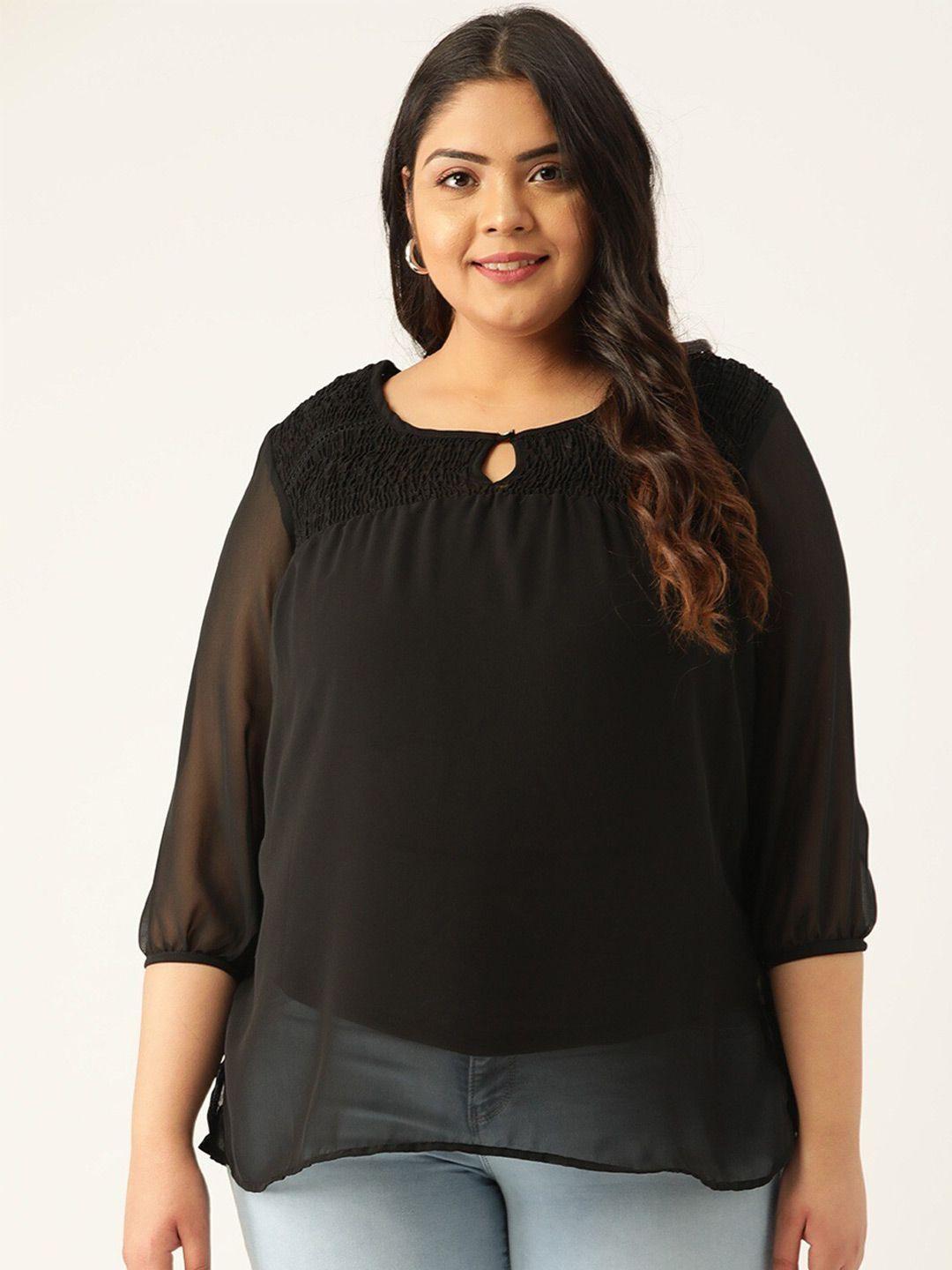 therebelinme black keyhole neck puff sleeve smocked georgette top