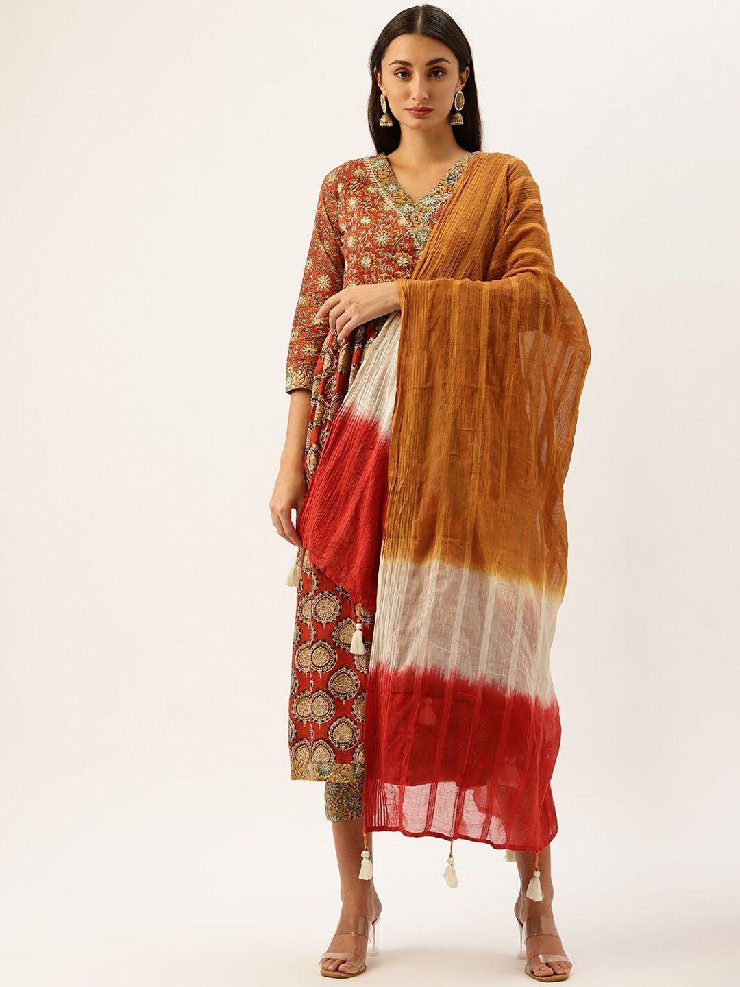 kalini women brown floral printed angrakha pure cotton kurta with trousers & with dupatta