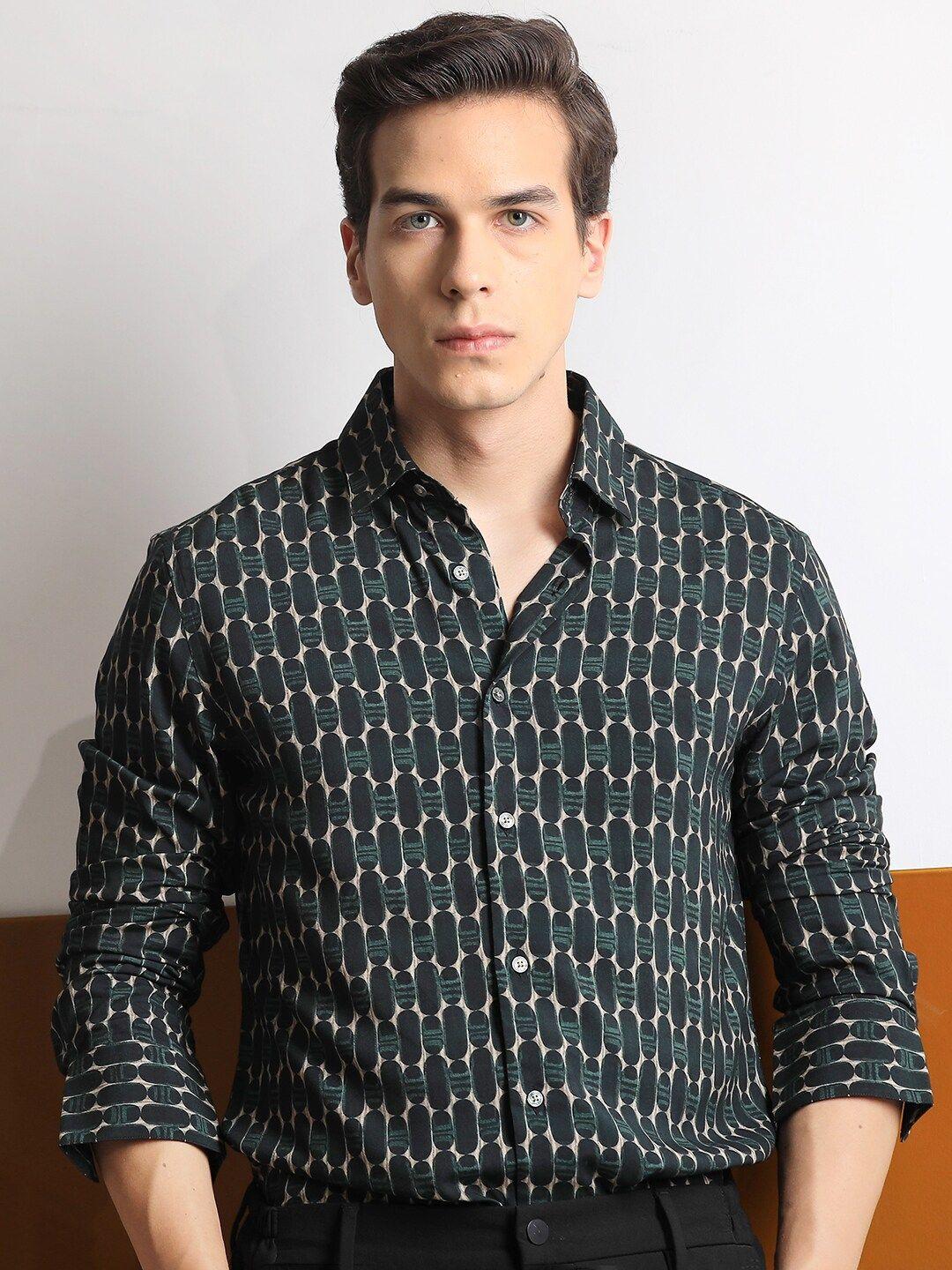 rare rabbit geometric printed slim-fit cotton casual shirt