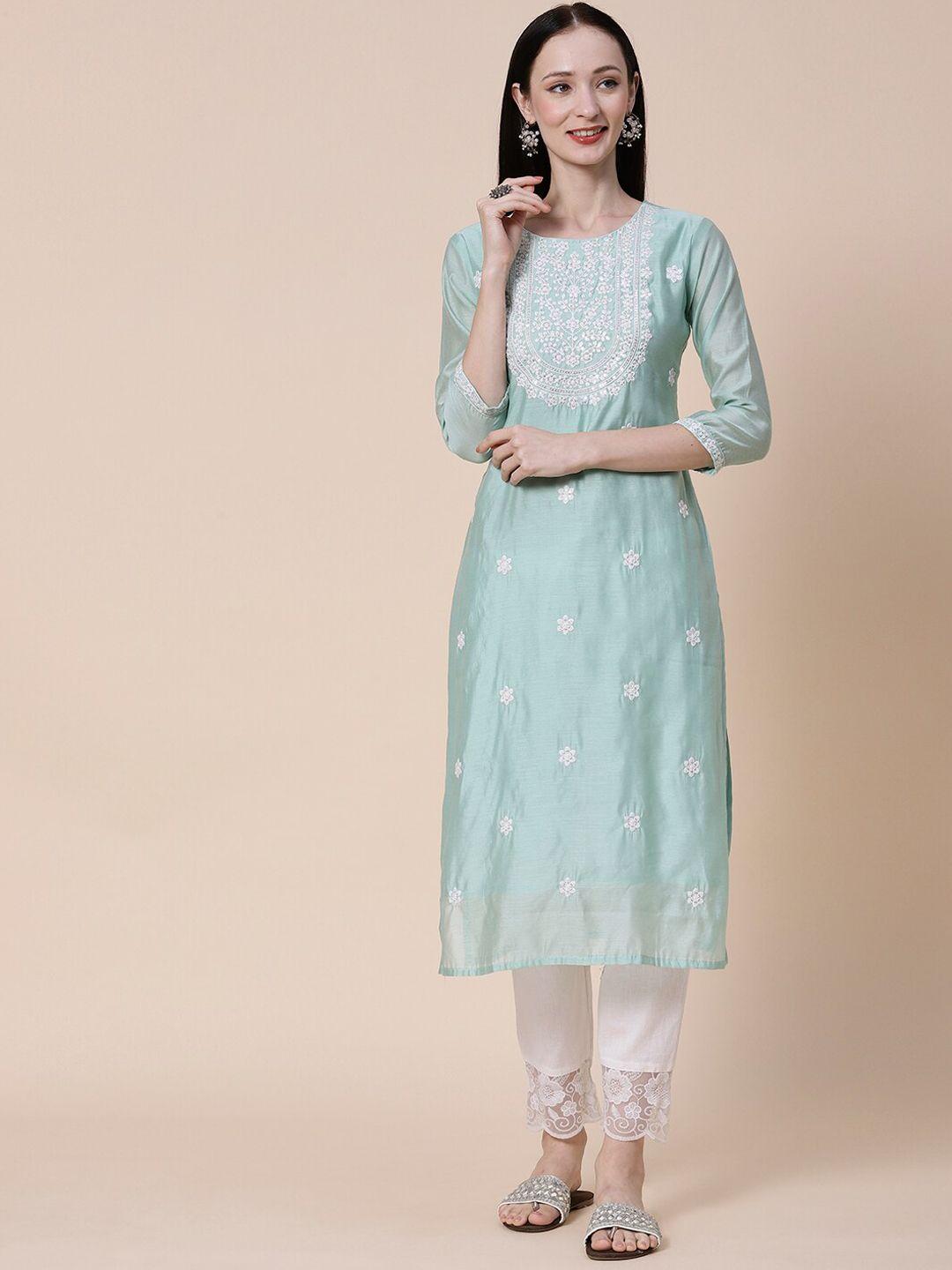 fashor women sea green embellished keyhole neck sequinned chanderi silk kurta