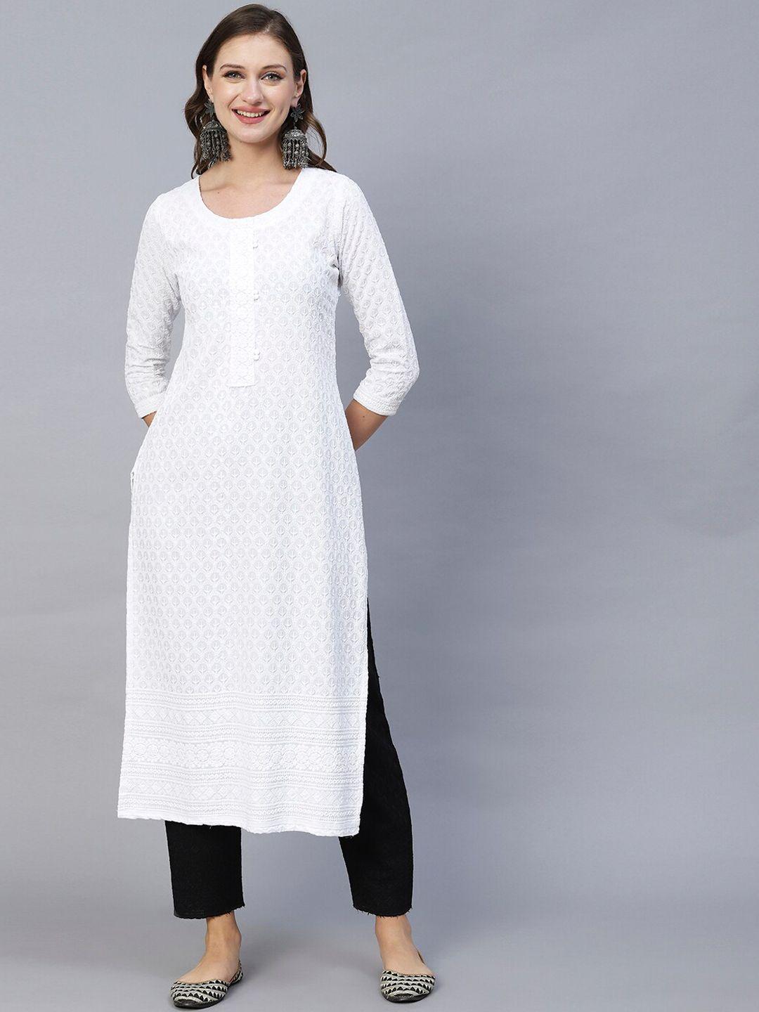 fashor women white ethnic motifs flared sleeves sequinned anarkali kurta