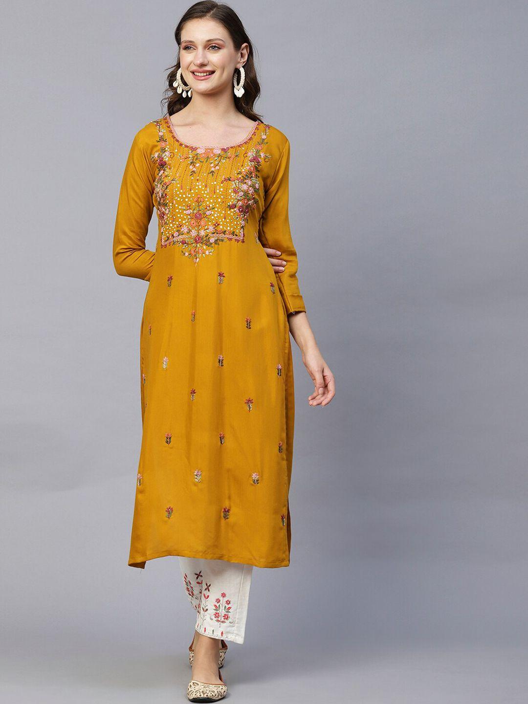 fashor mustard yellow floral yoke design thread work straight kurta