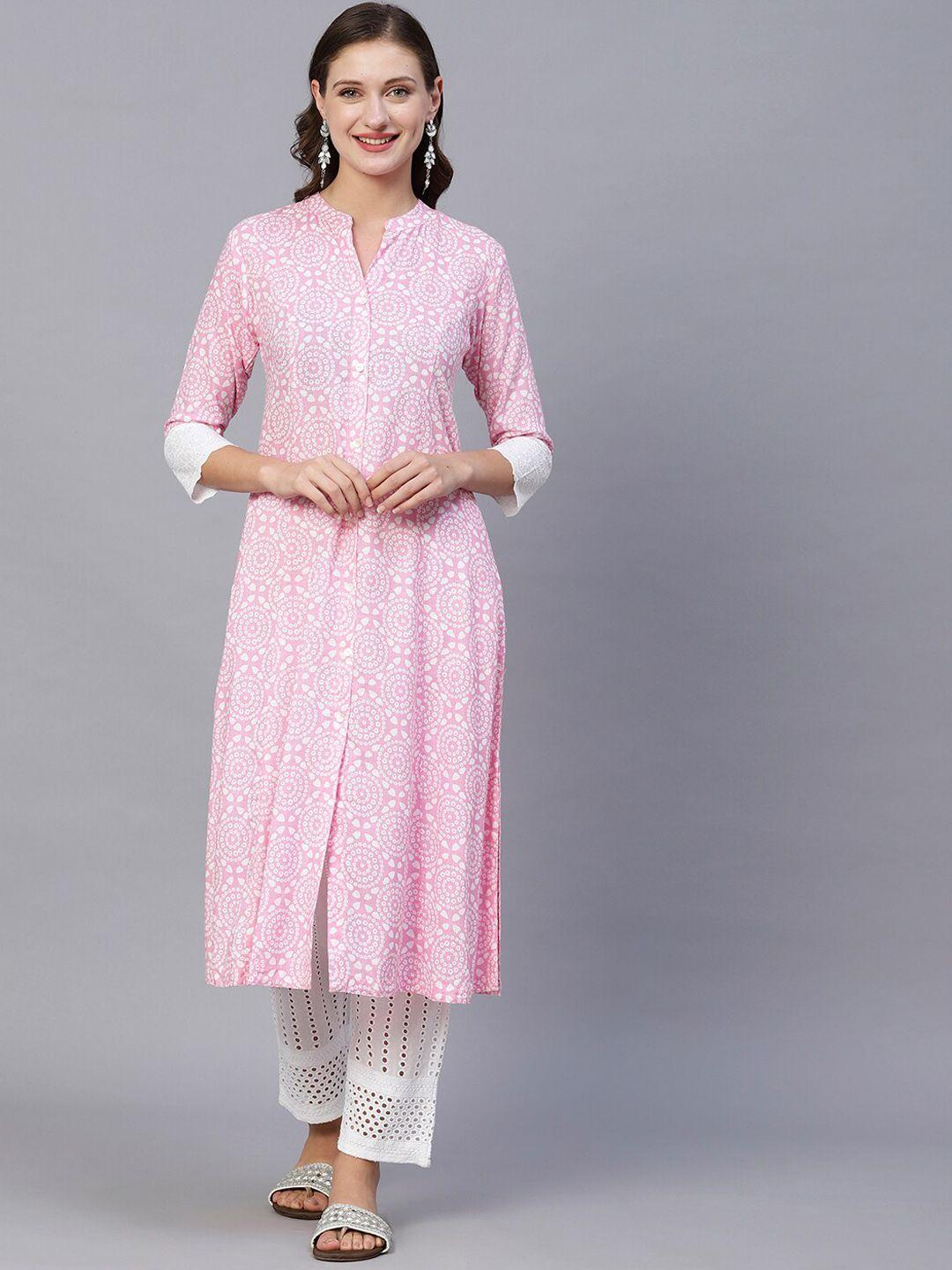 fashor women pink geometric embroidered flared sleeves thread work anarkali kurta