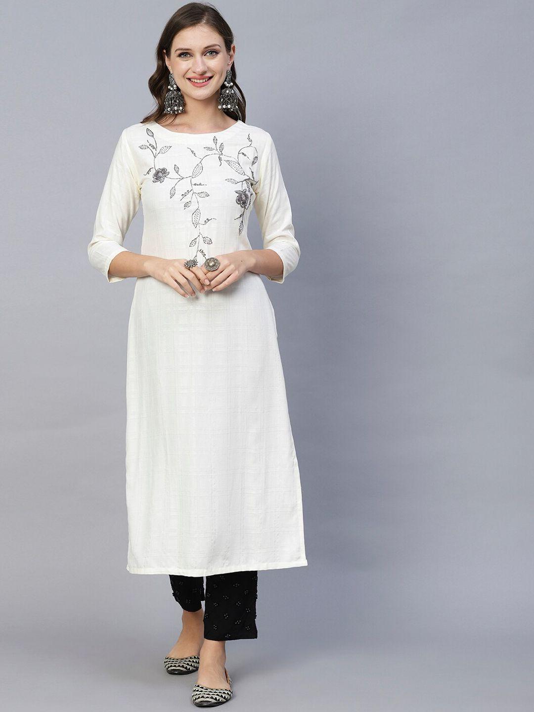 fashor women white floral embroidered keyhole neck thread work dobby kurta