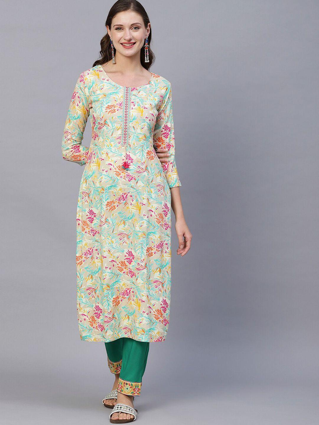 fashor floral printed mirror work kurta