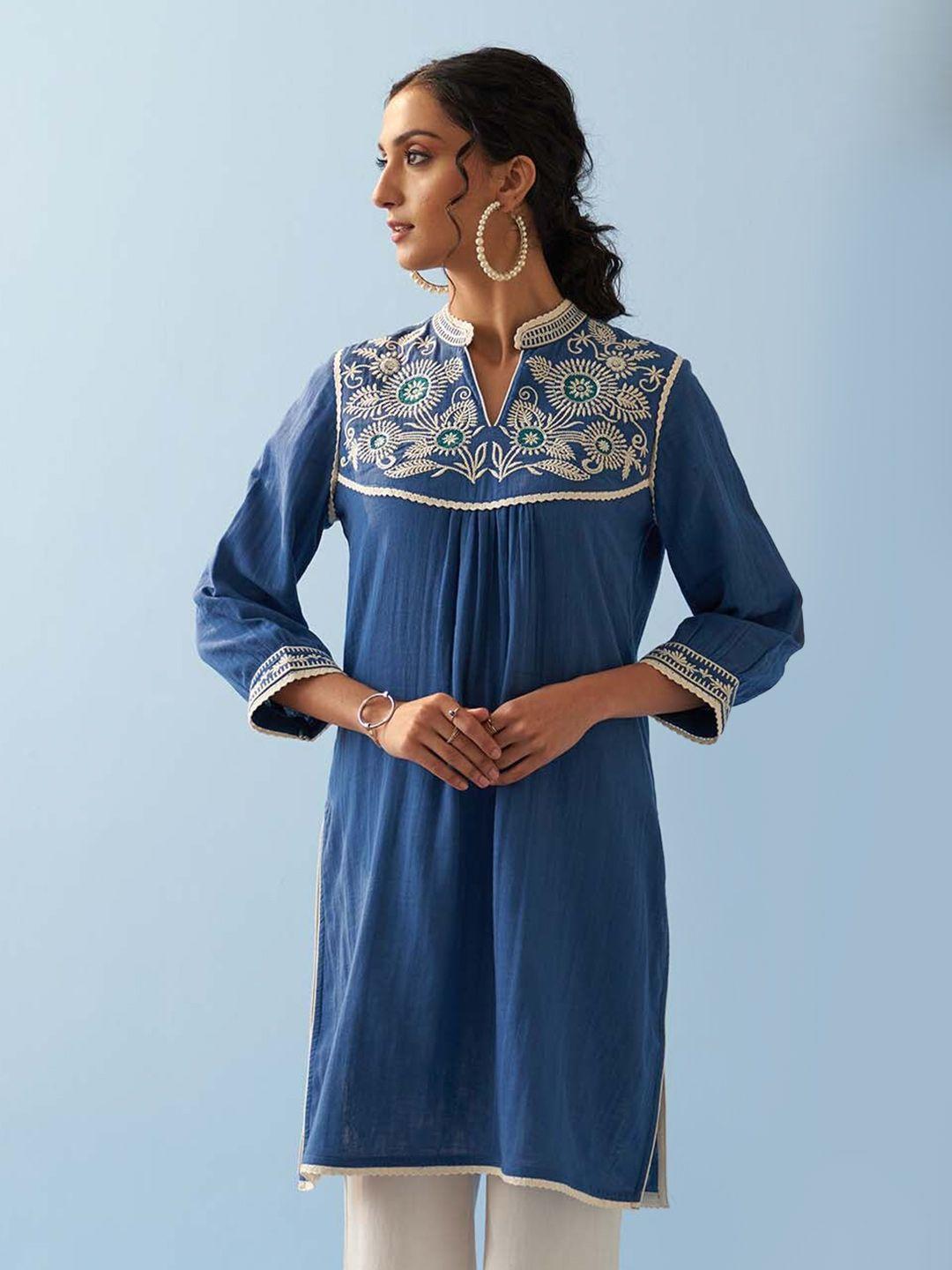 lakshita floral embroidered mandarin collar pure cotton kurti