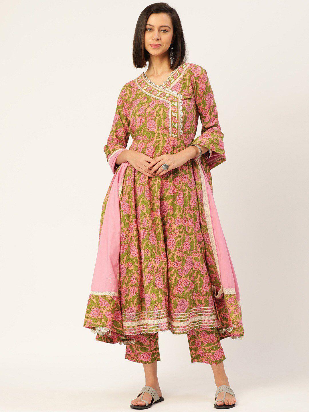 kalini women pink floral printed angrakha gotta patti pure cotton kurta with trousers & with dupatta