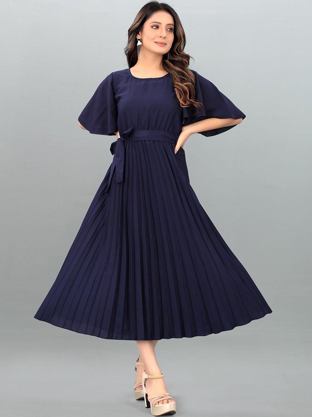 deklook blue flared sleeve crepe fit & flare midi dress